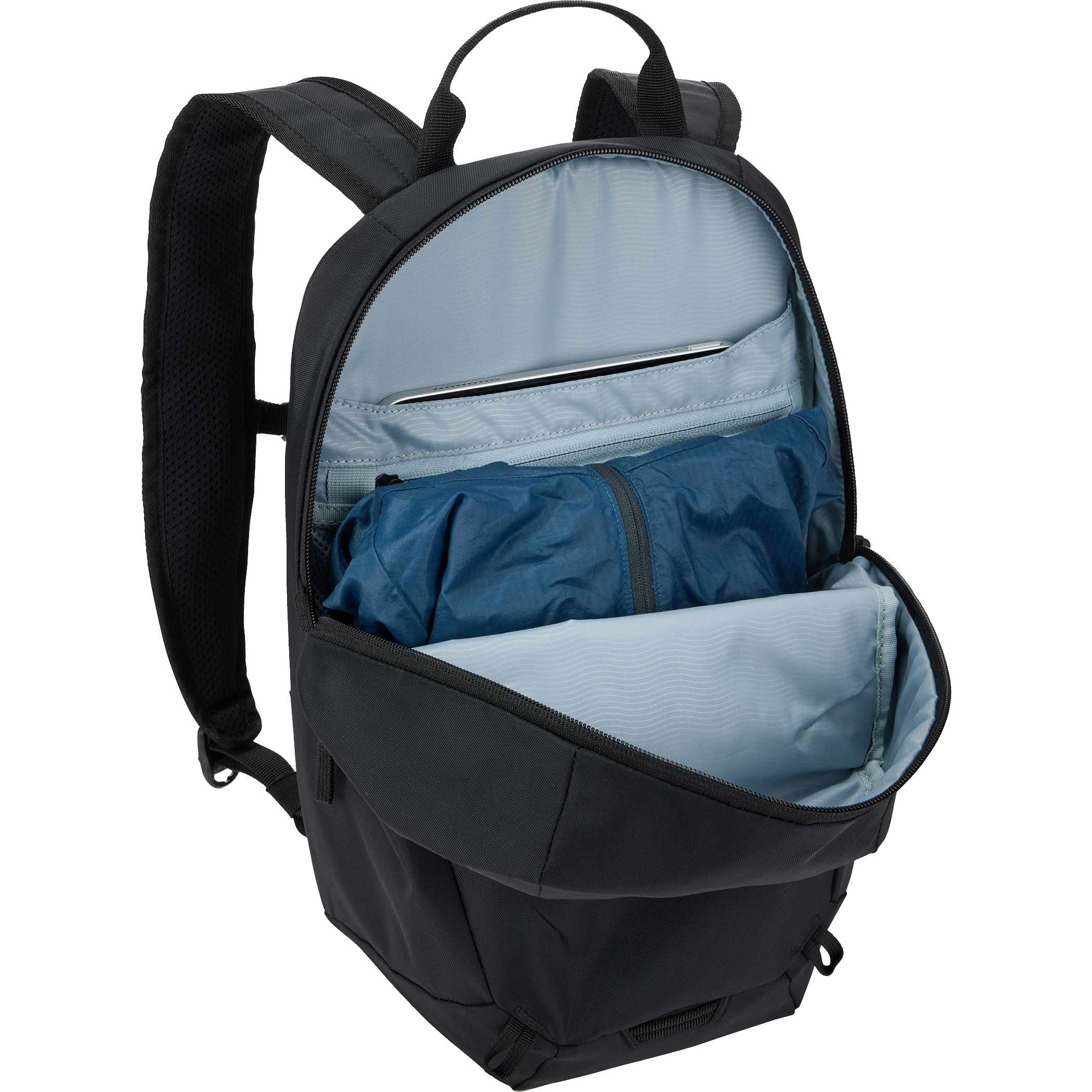 Black Thule EnRoute 12L Backpack, made from durable 400D nylon, featuring breathable mesh shoulder straps, a sternum strap, multiple zippered storage compartments, reflective details, and a bike light loop for organized everyday commuting.