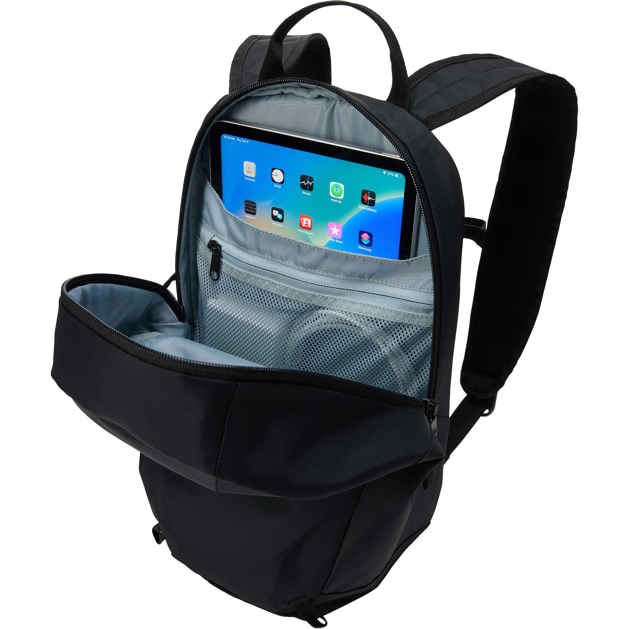 Black Thule EnRoute 12L Backpack, made from durable 400D nylon, featuring breathable mesh shoulder straps, a sternum strap, multiple zippered storage compartments, reflective details, and a bike light loop for organized everyday commuting.