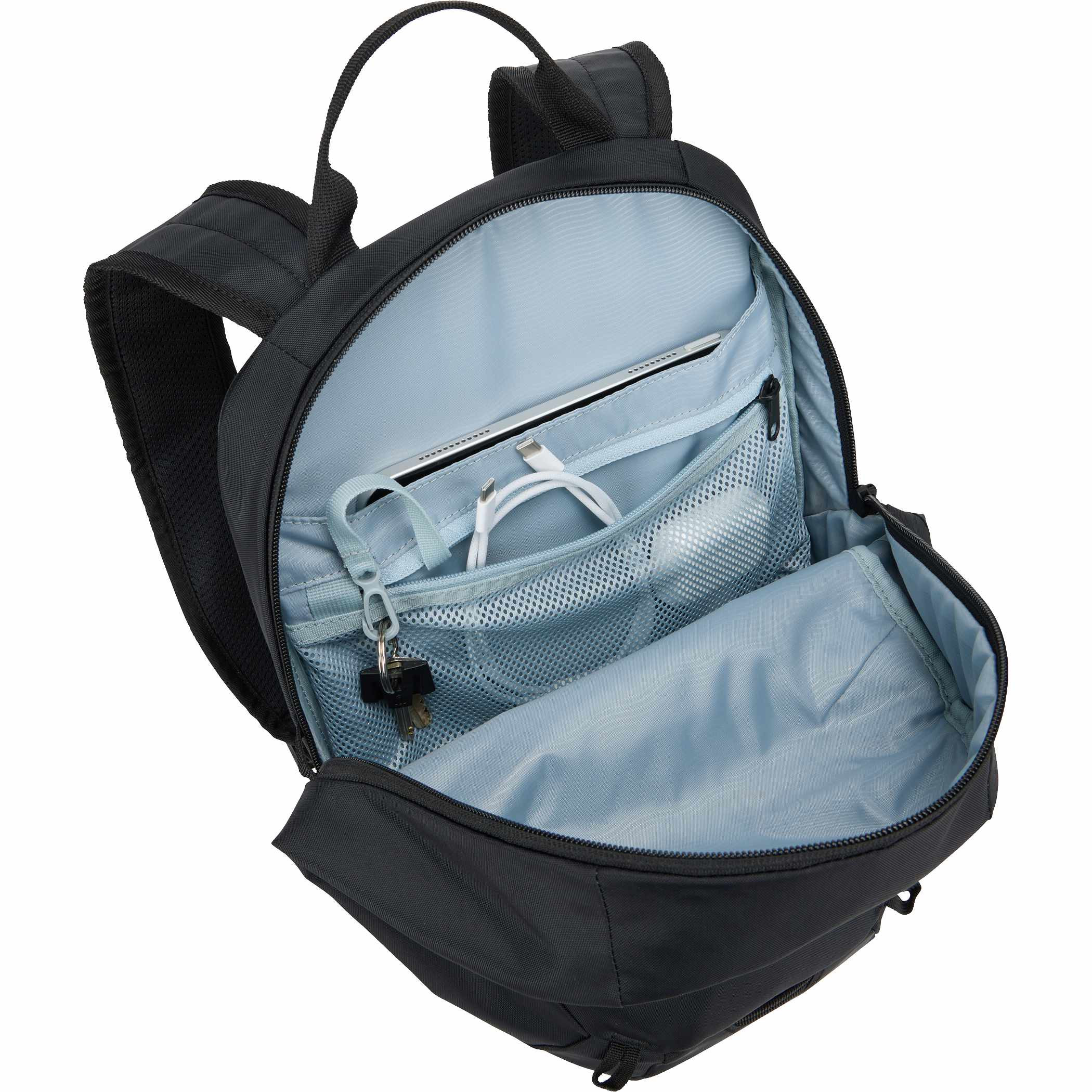 Black Thule EnRoute 12L Backpack, made from durable 400D nylon, featuring breathable mesh shoulder straps, a sternum strap, multiple zippered storage compartments, reflective details, and a bike light loop for organized everyday commuting.