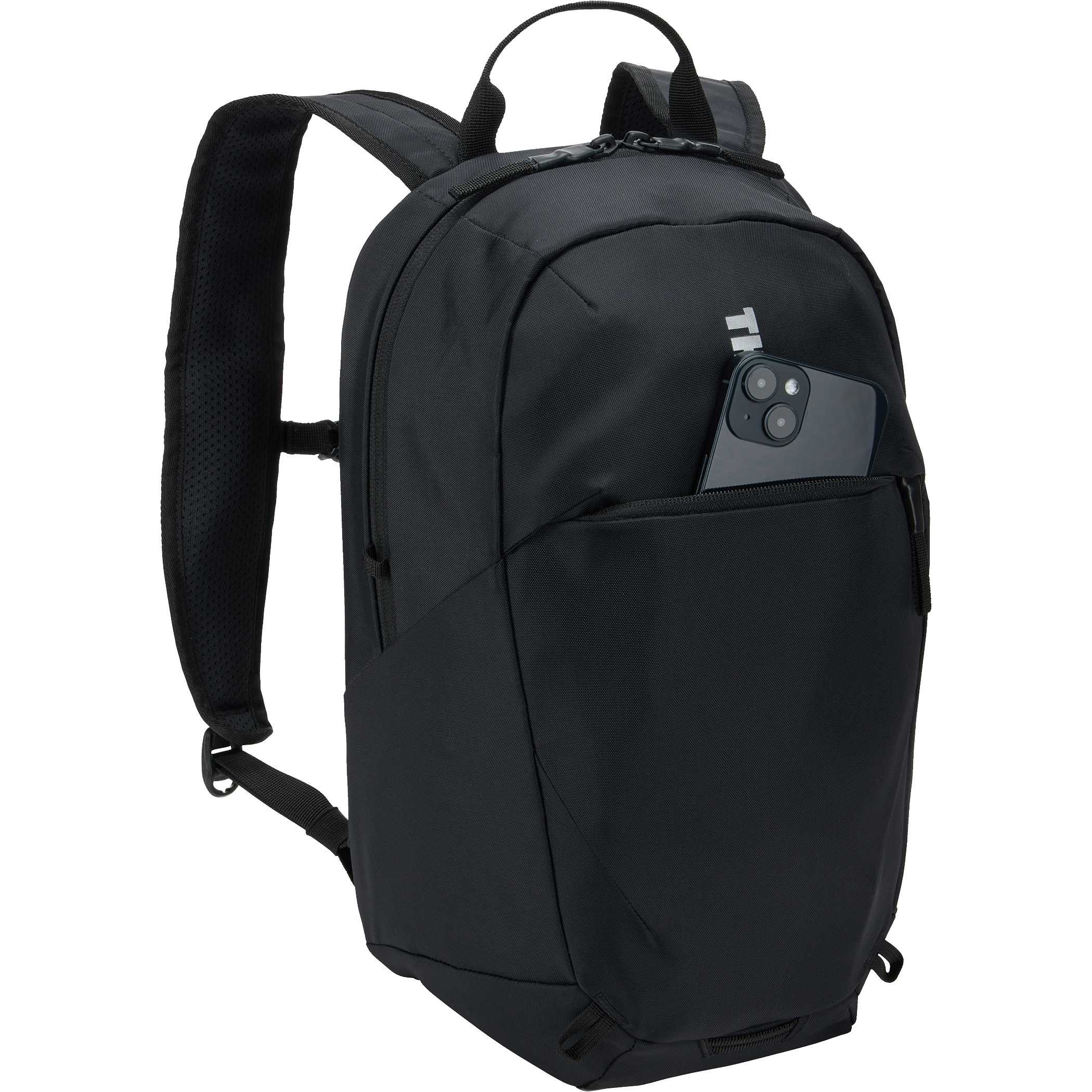 Black Thule EnRoute 12L Backpack, made from durable 400D nylon, featuring breathable mesh shoulder straps, a sternum strap, multiple zippered storage compartments, reflective details, and a bike light loop for organized everyday commuting.