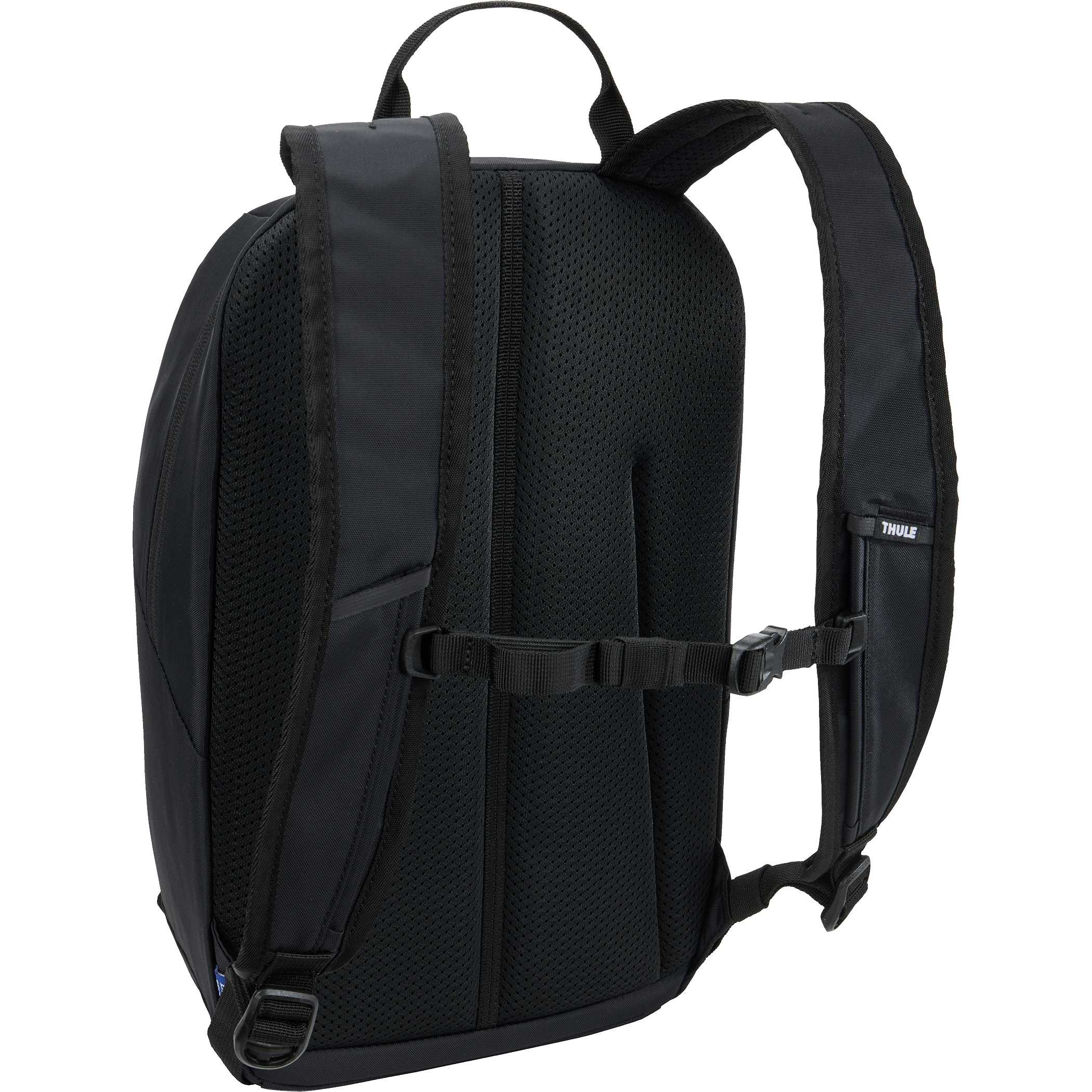 Black Thule EnRoute 12L Backpack, made from durable 400D nylon, featuring breathable mesh shoulder straps, a sternum strap, multiple zippered storage compartments, reflective details, and a bike light loop for organized everyday commuting.