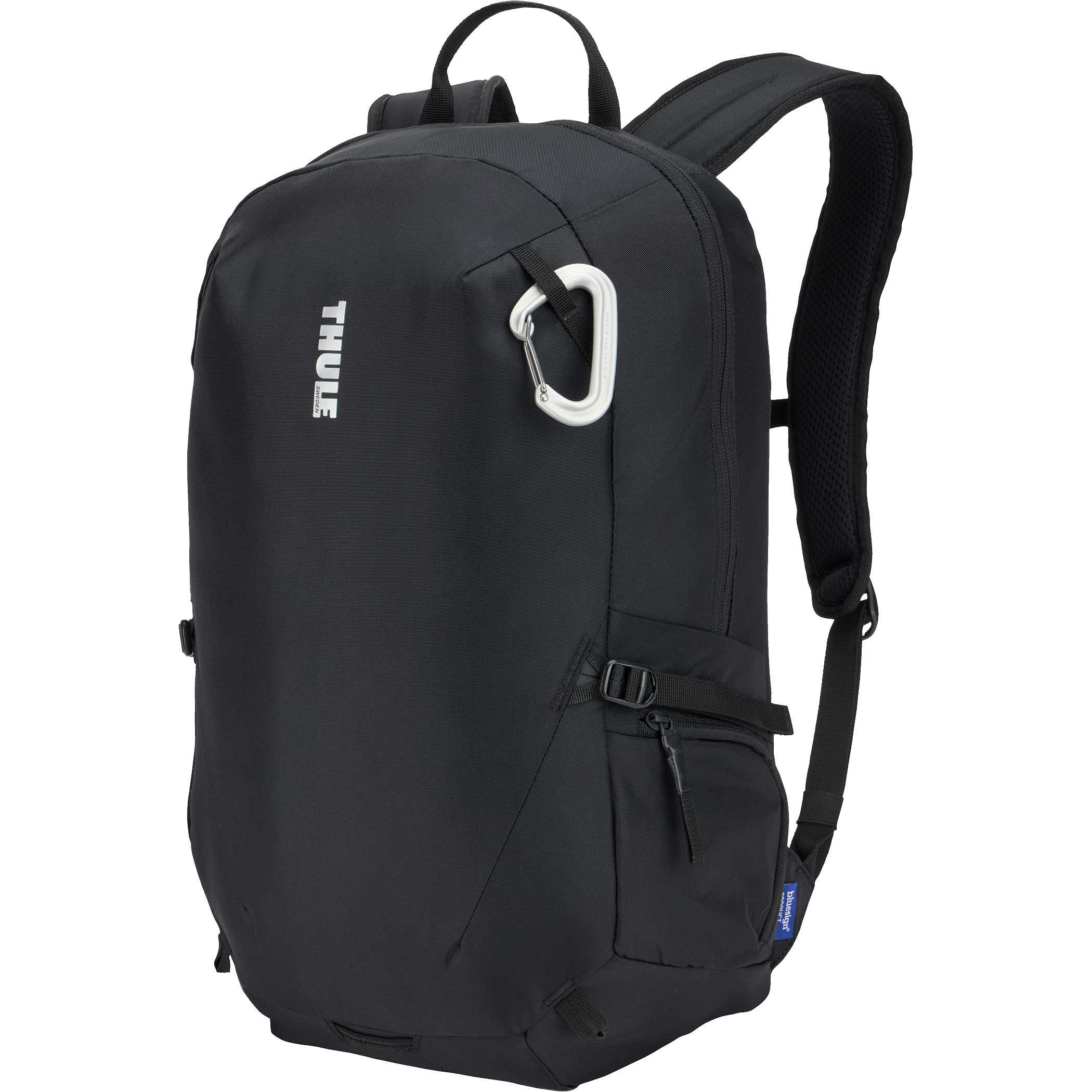Thule EnRoute 21L Backpack in black 400D nylon, featuring a streamlined design with padded laptop and tablet compartments, multiple organizer pockets, mesh side bottle pocket, reflective details, and comfortable padded straps for commuting, work, and travel.