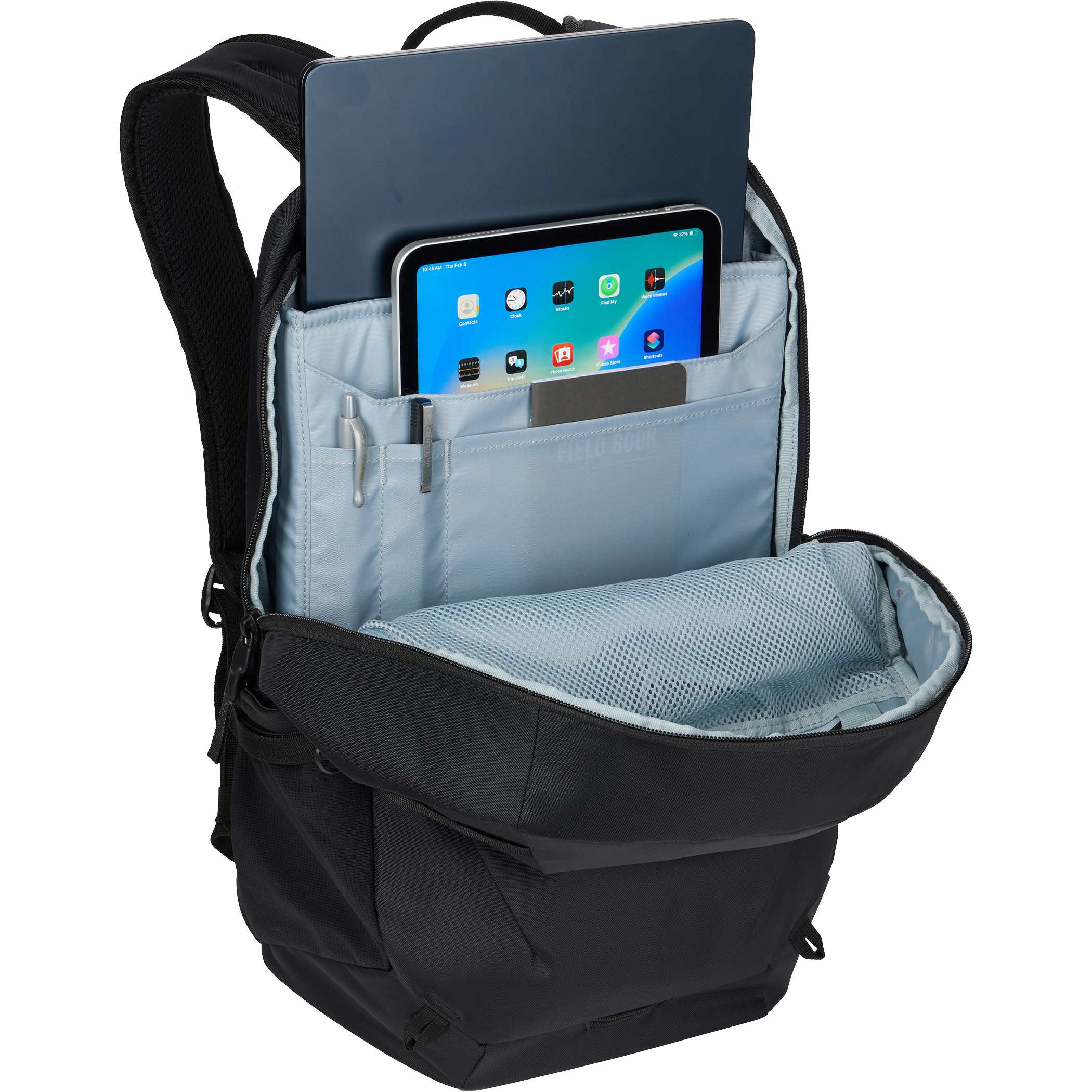 Thule EnRoute 21L Backpack in black 400D nylon, featuring a streamlined design with padded laptop and tablet compartments, multiple organizer pockets, mesh side bottle pocket, reflective details, and comfortable padded straps for commuting, work, and travel.
