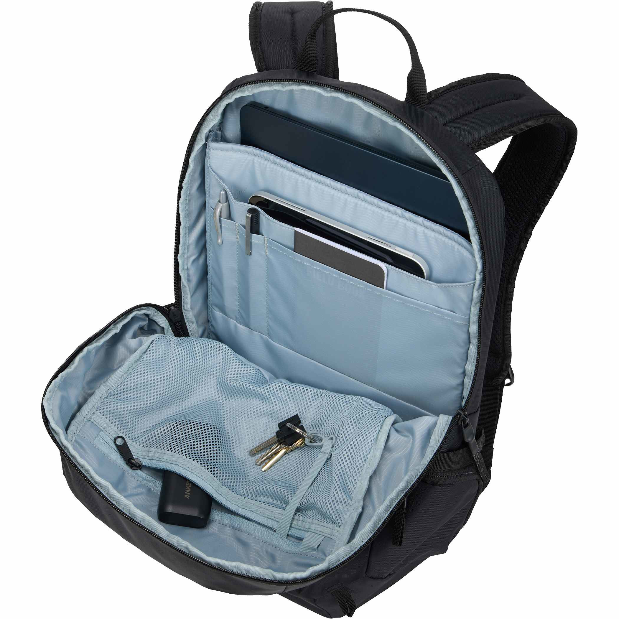 Thule EnRoute 21L Backpack in black 400D nylon, featuring a streamlined design with padded laptop and tablet compartments, multiple organizer pockets, mesh side bottle pocket, reflective details, and comfortable padded straps for commuting, work, and travel.