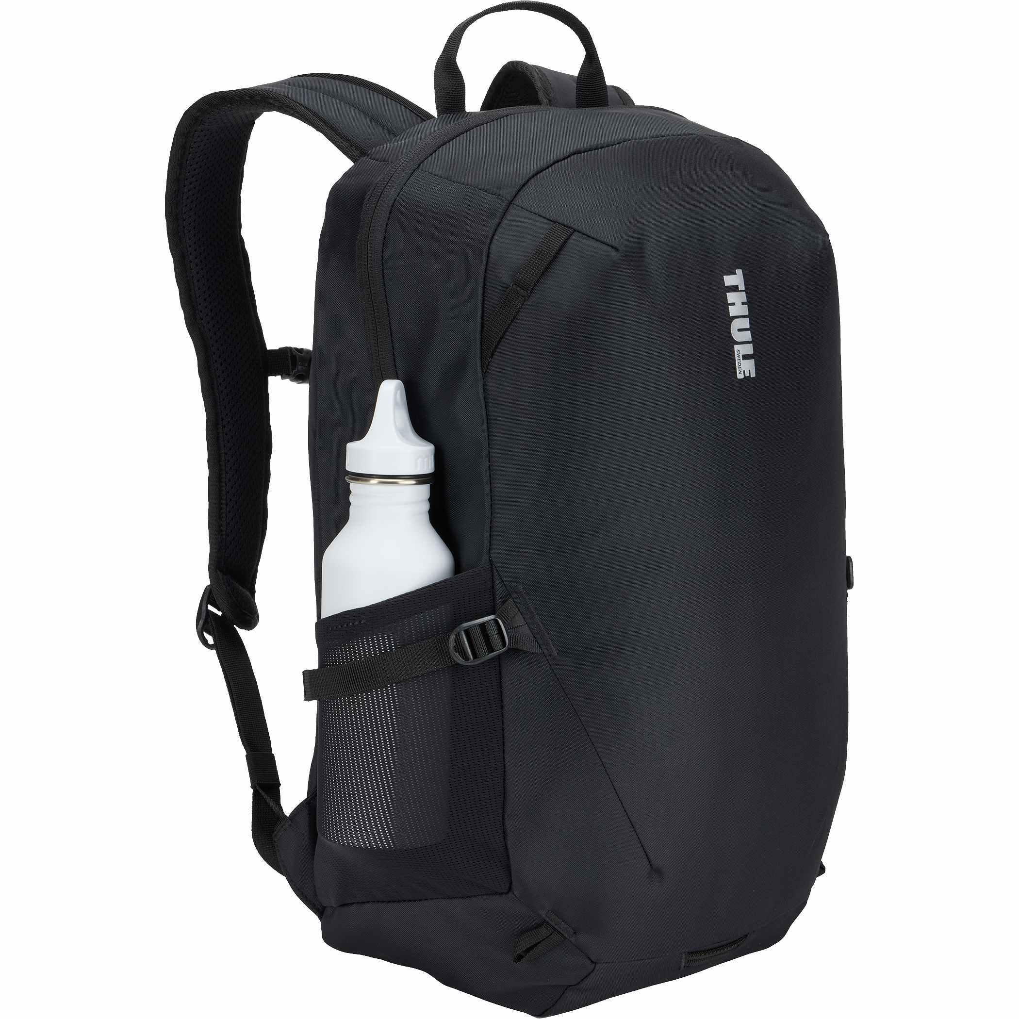 Thule EnRoute 21L Backpack in black 400D nylon, featuring a streamlined design with padded laptop and tablet compartments, multiple organizer pockets, mesh side bottle pocket, reflective details, and comfortable padded straps for commuting, work, and travel.