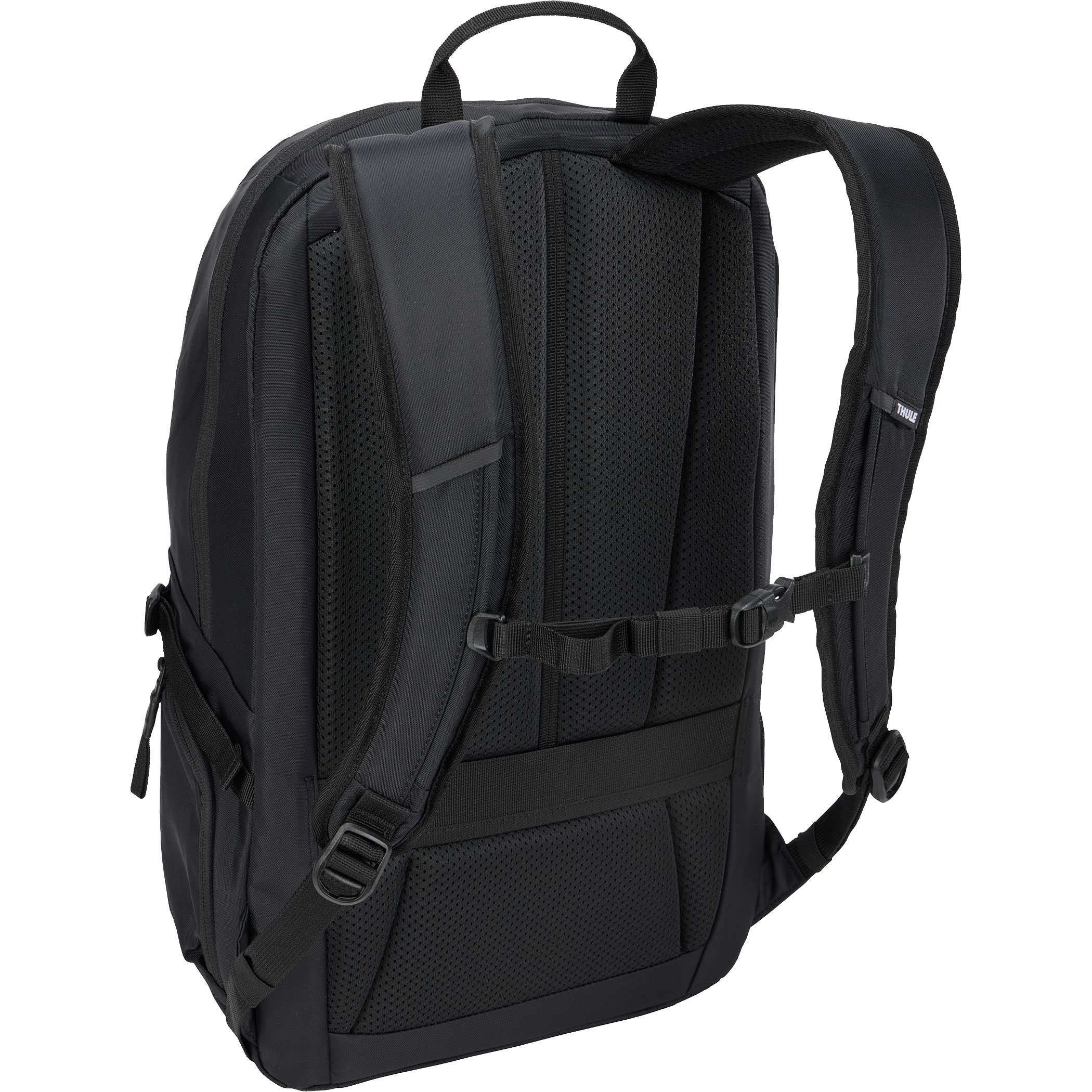 Thule EnRoute 21L Backpack in black 400D nylon, featuring a streamlined design with padded laptop and tablet compartments, multiple organizer pockets, mesh side bottle pocket, reflective details, and comfortable padded straps for commuting, work, and travel.