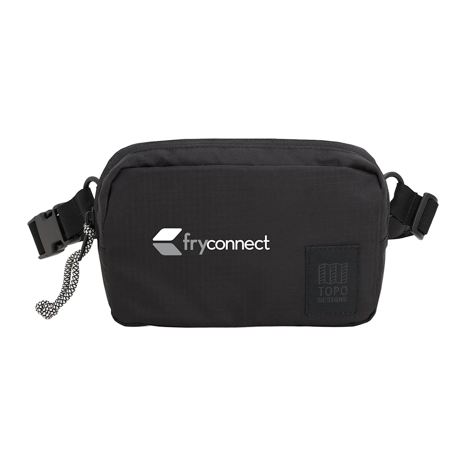 Black recycled nylon ripstop belt bag with an adjustable webbing strap, zippered main compartment, additional stash storage, internal key hook, and durable YKK zippers for everyday carry.
