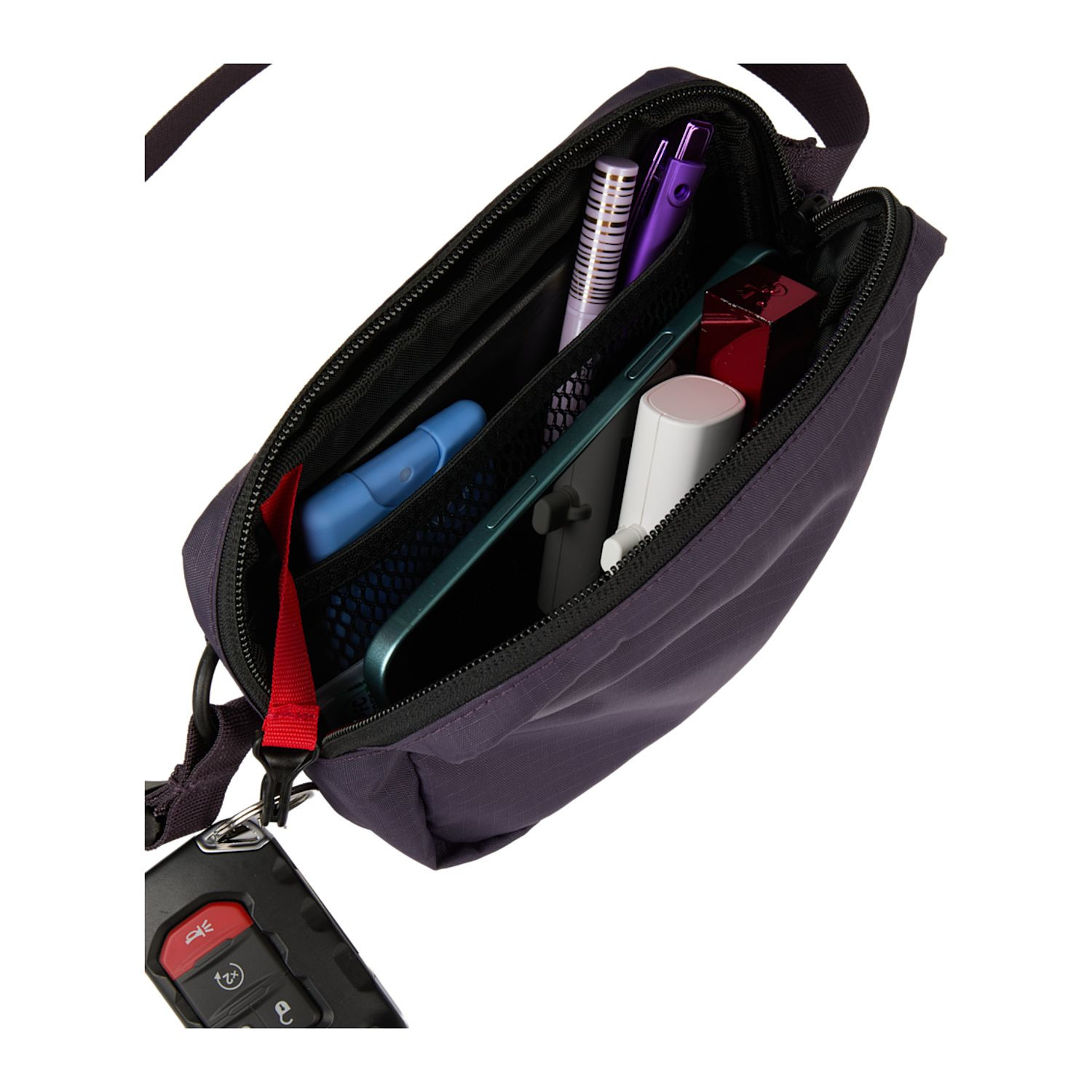 Black recycled nylon ripstop belt bag with an adjustable webbing strap, zippered main compartment, additional stash storage, internal key hook, and durable YKK zippers for everyday carry.