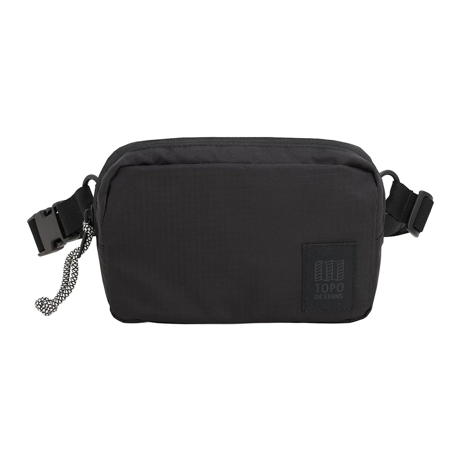 Black recycled nylon ripstop belt bag with an adjustable webbing strap, zippered main compartment, additional stash storage, internal key hook, and durable YKK zippers for everyday carry.