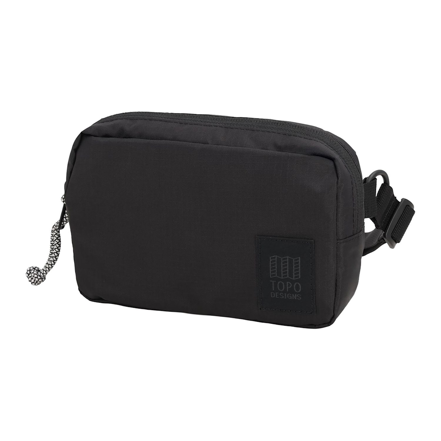 Black recycled nylon ripstop belt bag with an adjustable webbing strap, zippered main compartment, additional stash storage, internal key hook, and durable YKK zippers for everyday carry.