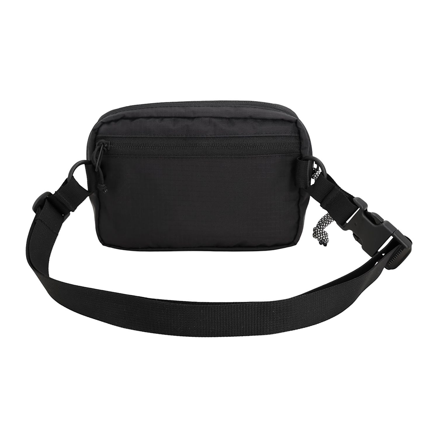 Black recycled nylon ripstop belt bag with an adjustable webbing strap, zippered main compartment, additional stash storage, internal key hook, and durable YKK zippers for everyday carry.