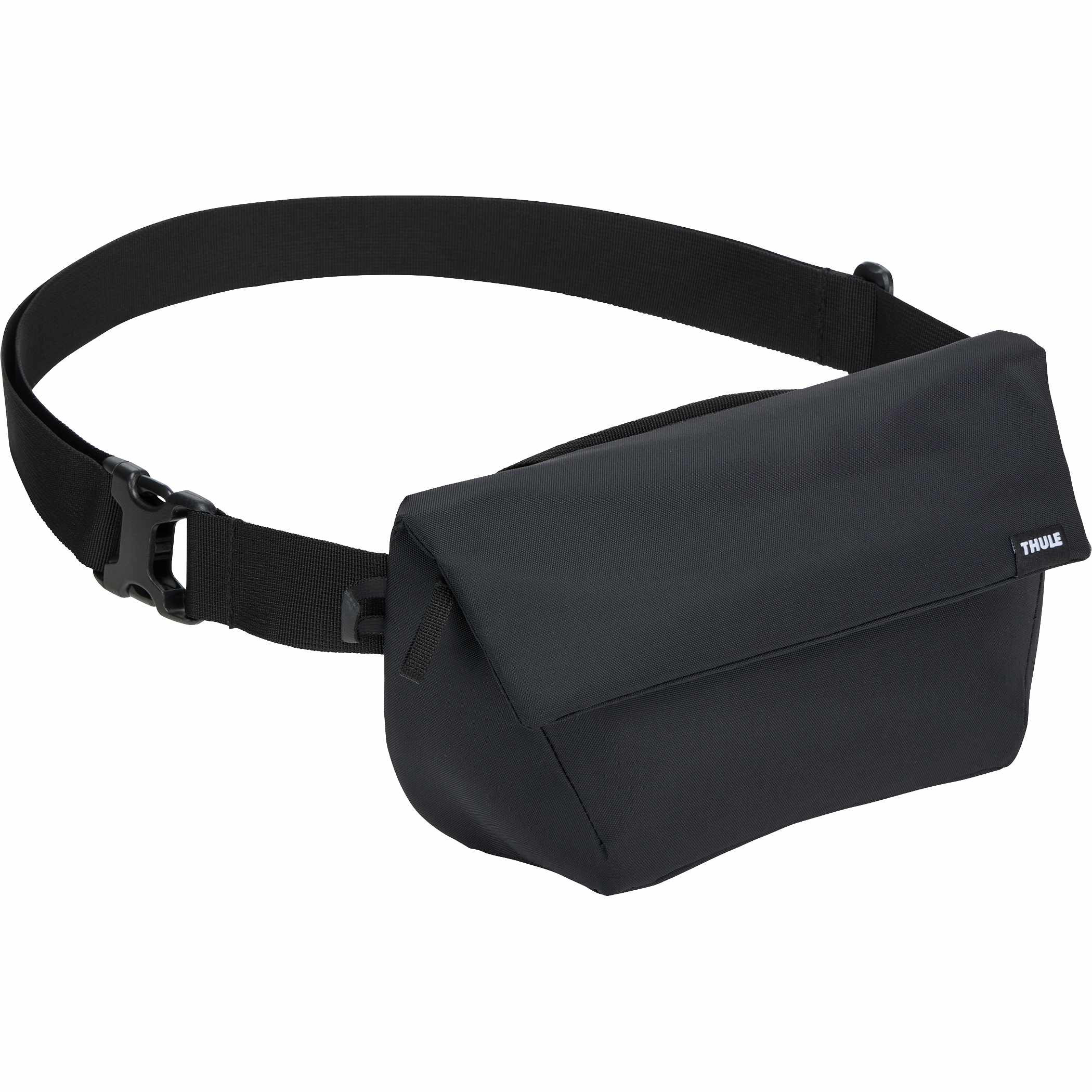Black Compact 2L sling bag made from durable 400D nylon, featuring an adjustable strap with reflective details, a magnetic fold-over closure, multiple zippered compartments, and a breathable mesh back panel. Designed for hands-free everyday carry across the body or around the waist, with organized storage for essentials and an integrated key fob for convenience.