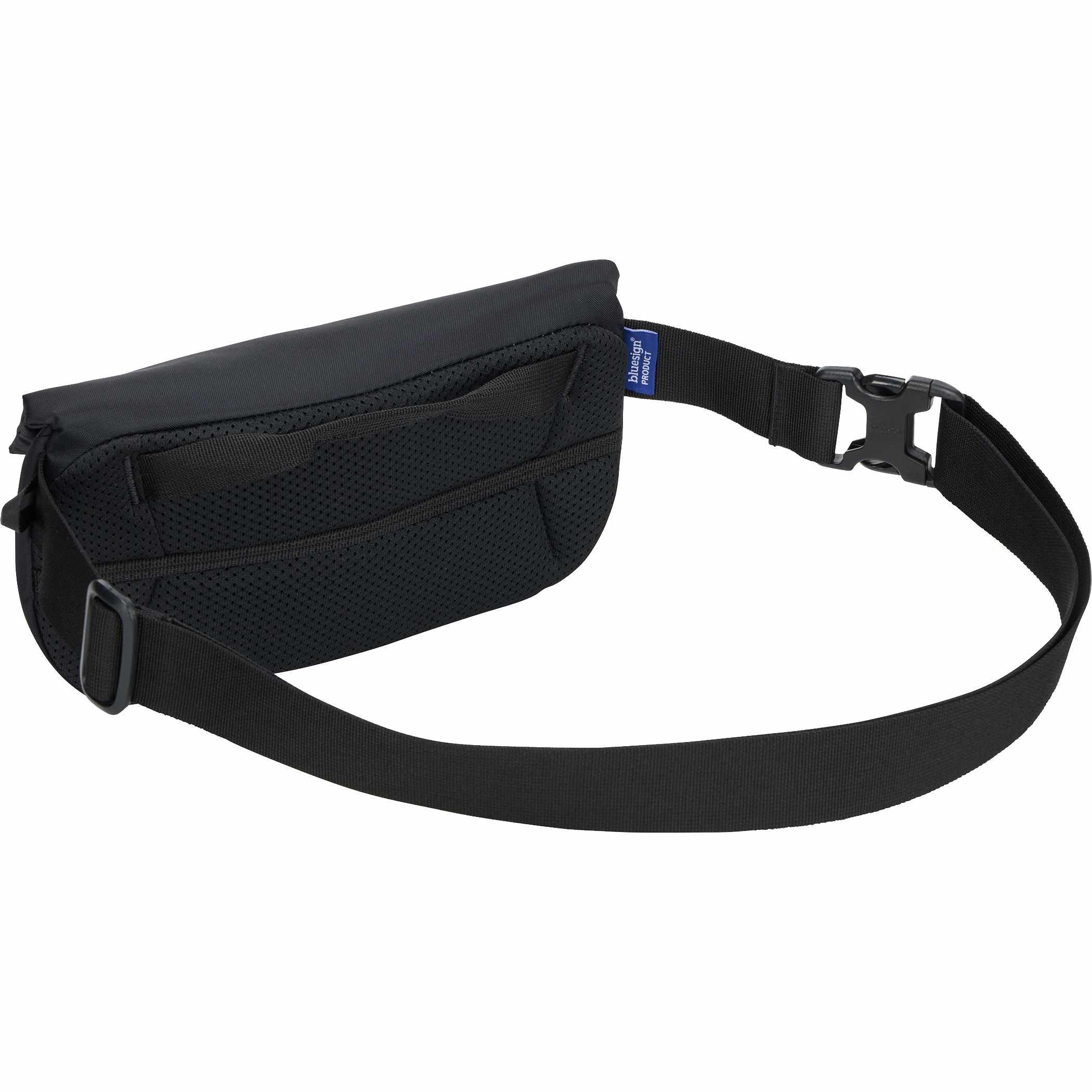 Black Compact 2L sling bag made from durable 400D nylon, featuring an adjustable strap with reflective details, a magnetic fold-over closure, multiple zippered compartments, and a breathable mesh back panel. Designed for hands-free everyday carry across the body or around the waist, with organized storage for essentials and an integrated key fob for convenience.