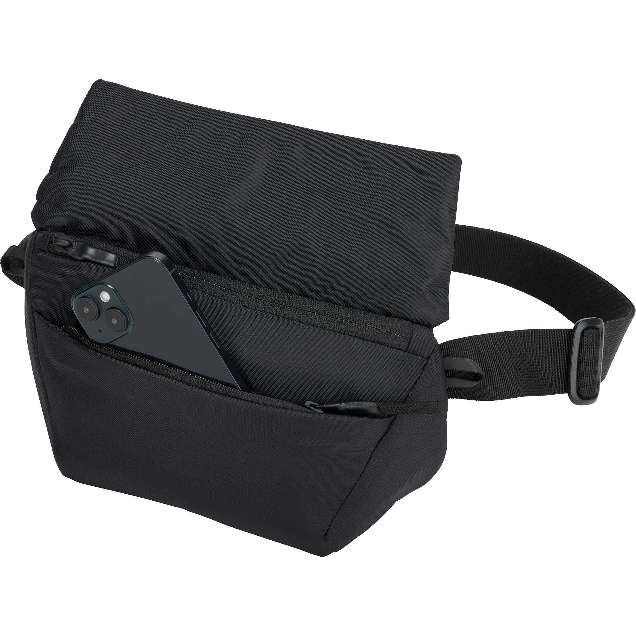 Black Compact 2L sling bag made from durable 400D nylon, featuring an adjustable strap with reflective details, a magnetic fold-over closure, multiple zippered compartments, and a breathable mesh back panel. Designed for hands-free everyday carry across the body or around the waist, with organized storage for essentials and an integrated key fob for convenience.