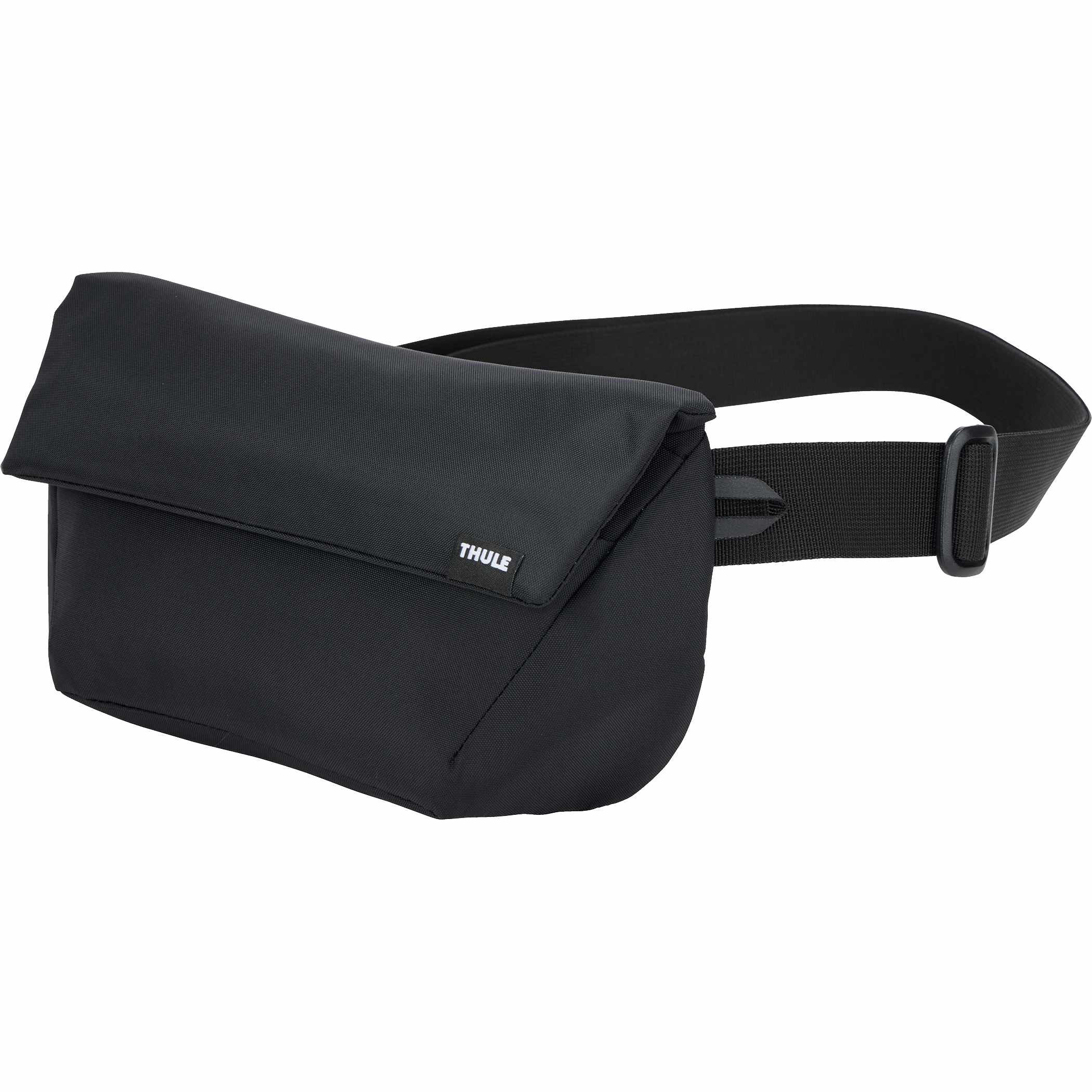 Black Compact 2L sling bag made from durable 400D nylon, featuring an adjustable strap with reflective details, a magnetic fold-over closure, multiple zippered compartments, and a breathable mesh back panel. Designed for hands-free everyday carry across the body or around the waist, with organized storage for essentials and an integrated key fob for convenience.