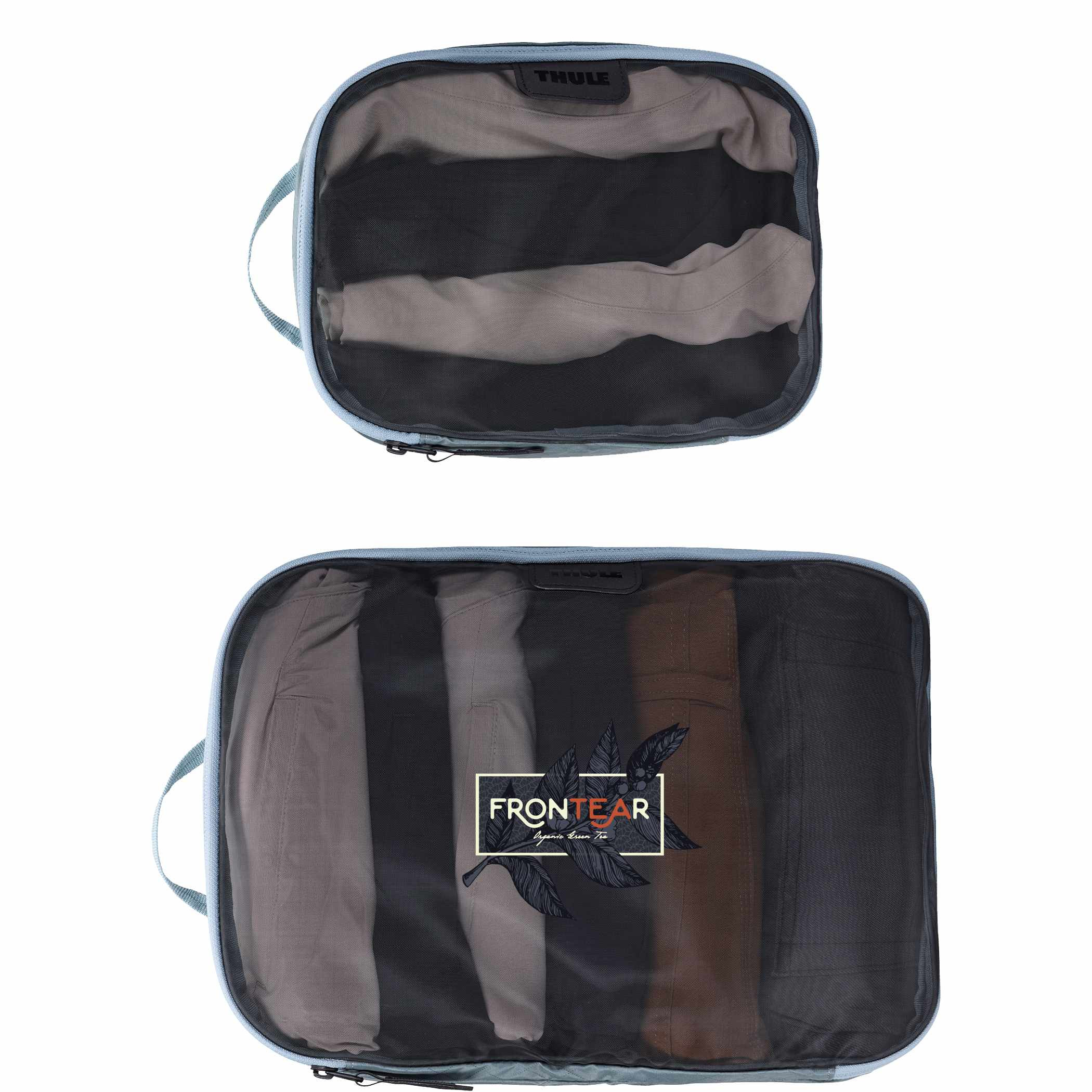 Pond Gray Thule Packing Cube Small and Medium Bundle Set in recycled ripstop nylon, featuring semi-transparent mesh tops, YKK zippers, and webbing handles for organizing clothing and travel essentials in carry-on luggage.