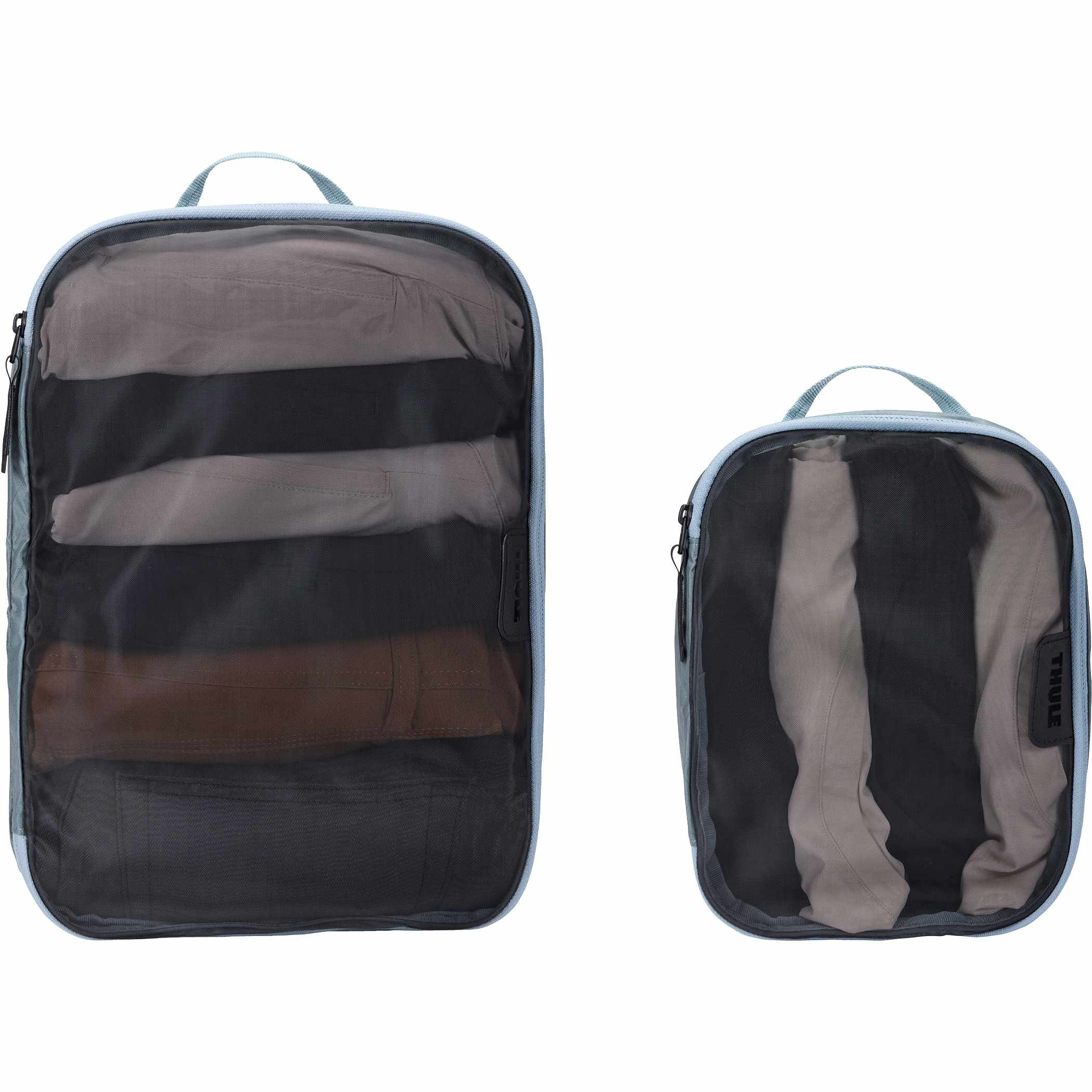 Pond Gray Thule Packing Cube Small and Medium Bundle Set in recycled ripstop nylon, featuring semi-transparent mesh tops, YKK zippers, and webbing handles for organizing clothing and travel essentials in carry-on luggage.