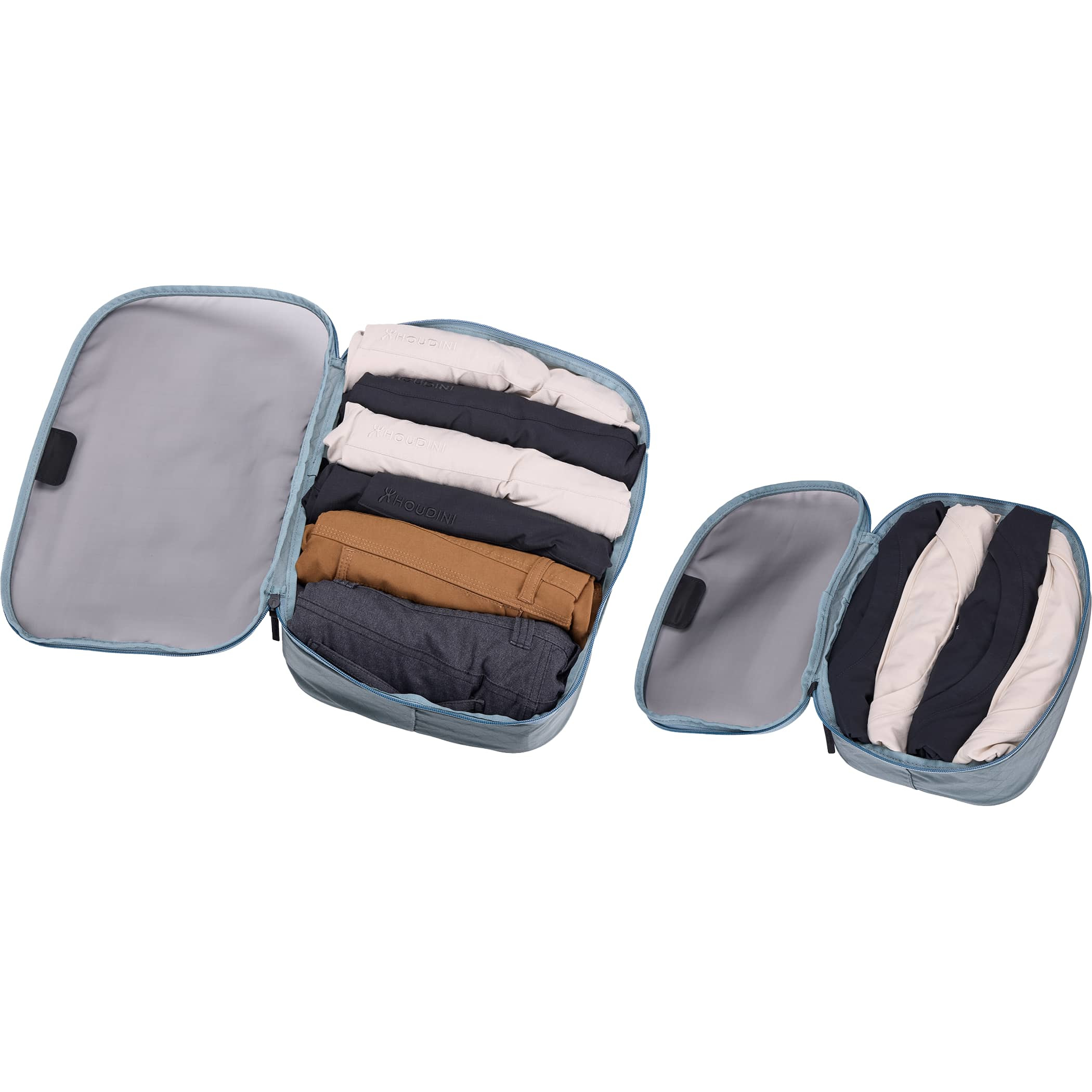 Pond Gray Thule Packing Cube Small and Medium Bundle Set in recycled ripstop nylon, featuring semi-transparent mesh tops, YKK zippers, and webbing handles for organizing clothing and travel essentials in carry-on luggage.