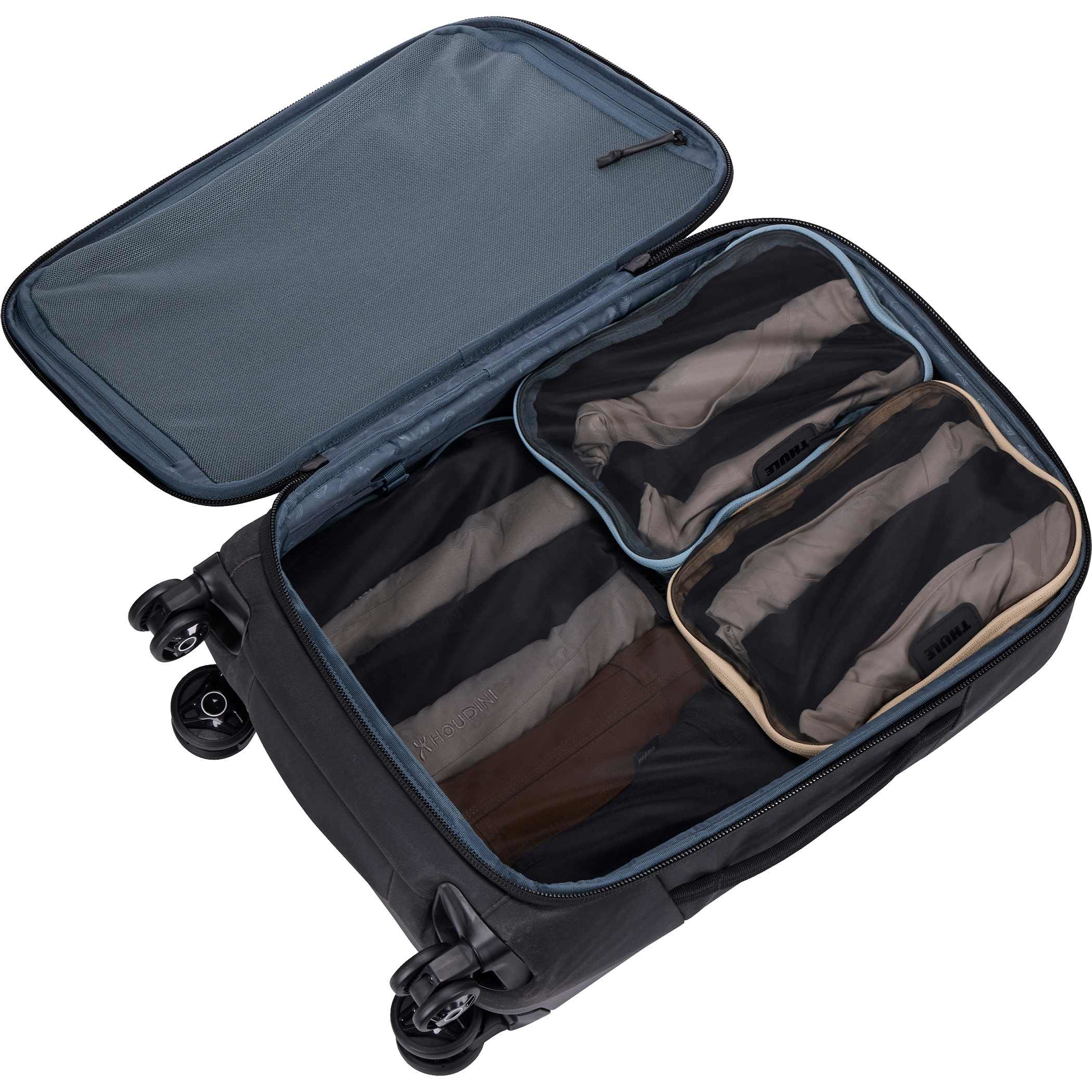 Pond Gray Thule Packing Cube Small and Medium Bundle Set in recycled ripstop nylon, featuring semi-transparent mesh tops, YKK zippers, and webbing handles for organizing clothing and travel essentials in carry-on luggage.