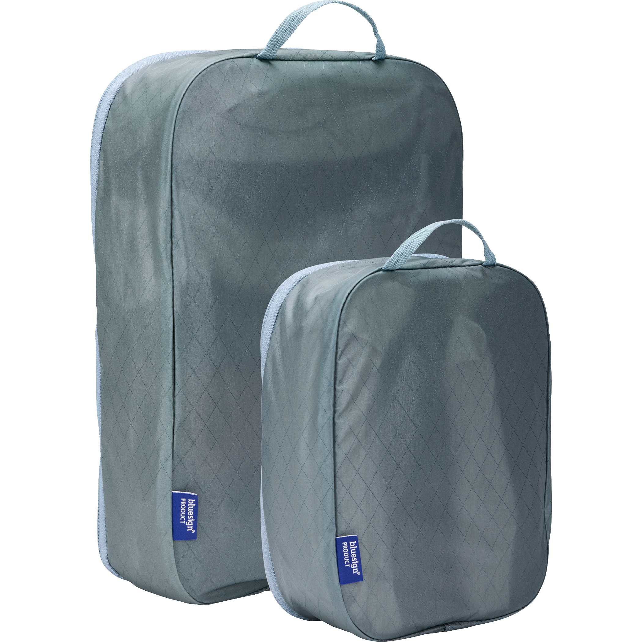 Pond Gray Thule Packing Cube Small and Medium Bundle Set in recycled ripstop nylon, featuring semi-transparent mesh tops, YKK zippers, and webbing handles for organizing clothing and travel essentials in carry-on luggage.
