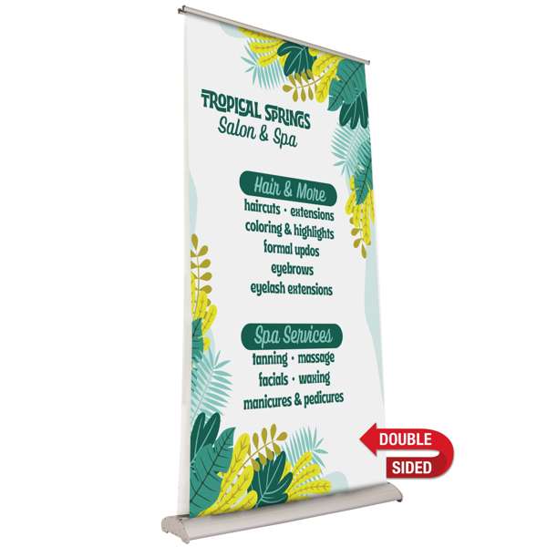 Retractable banner display with a durable aluminum base, adjustable telescoping pole, and easy-to-swap no-curl opaque fabric banners.