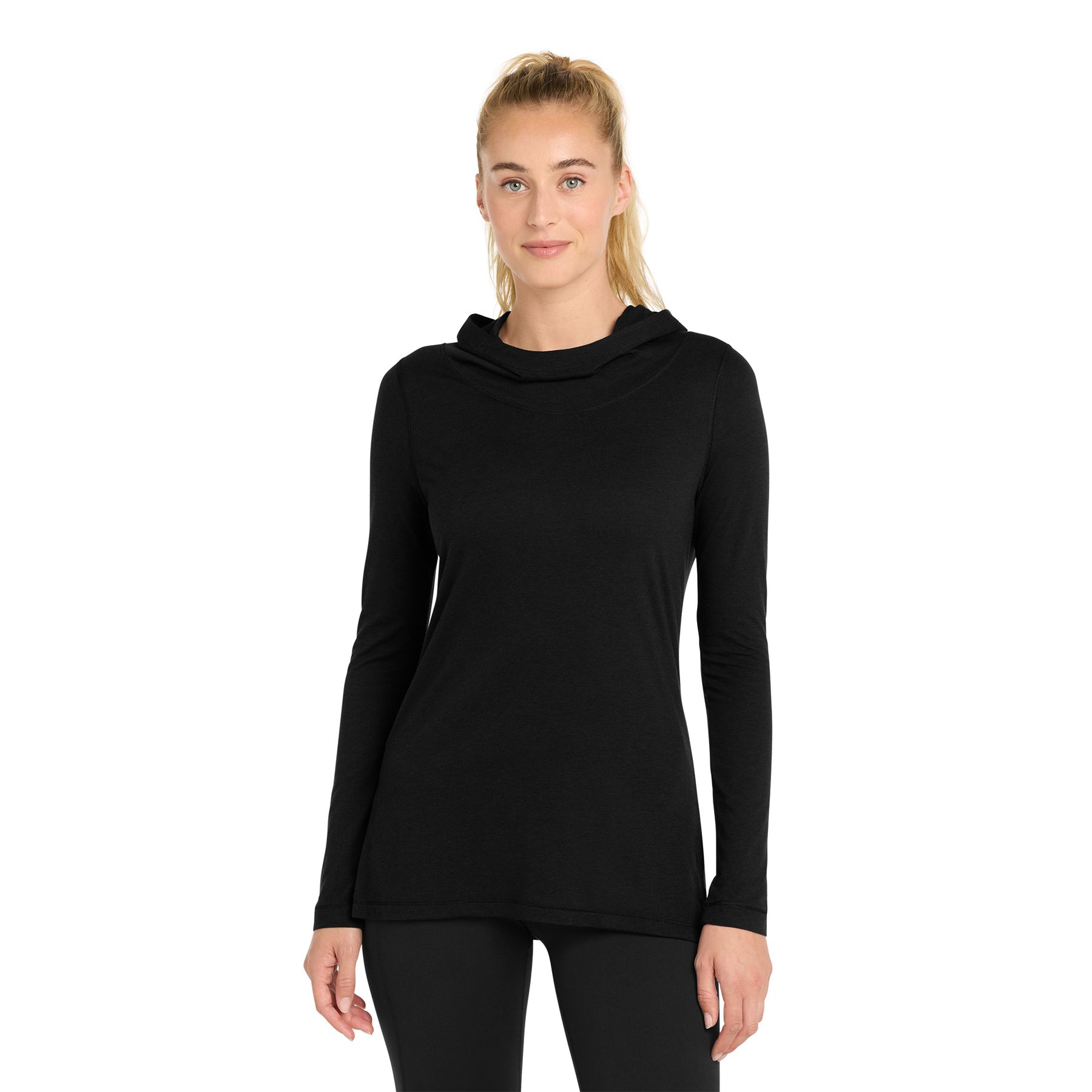 Black Triad Solid Long sleeve hoodie in a soft polyester, cotton, and rayon jersey blend, featuring a three-panel cowl hood, open cuffs, relaxed hem, and side vents for comfort and mobility; available in solid colors with a smooth, vibrant finish.