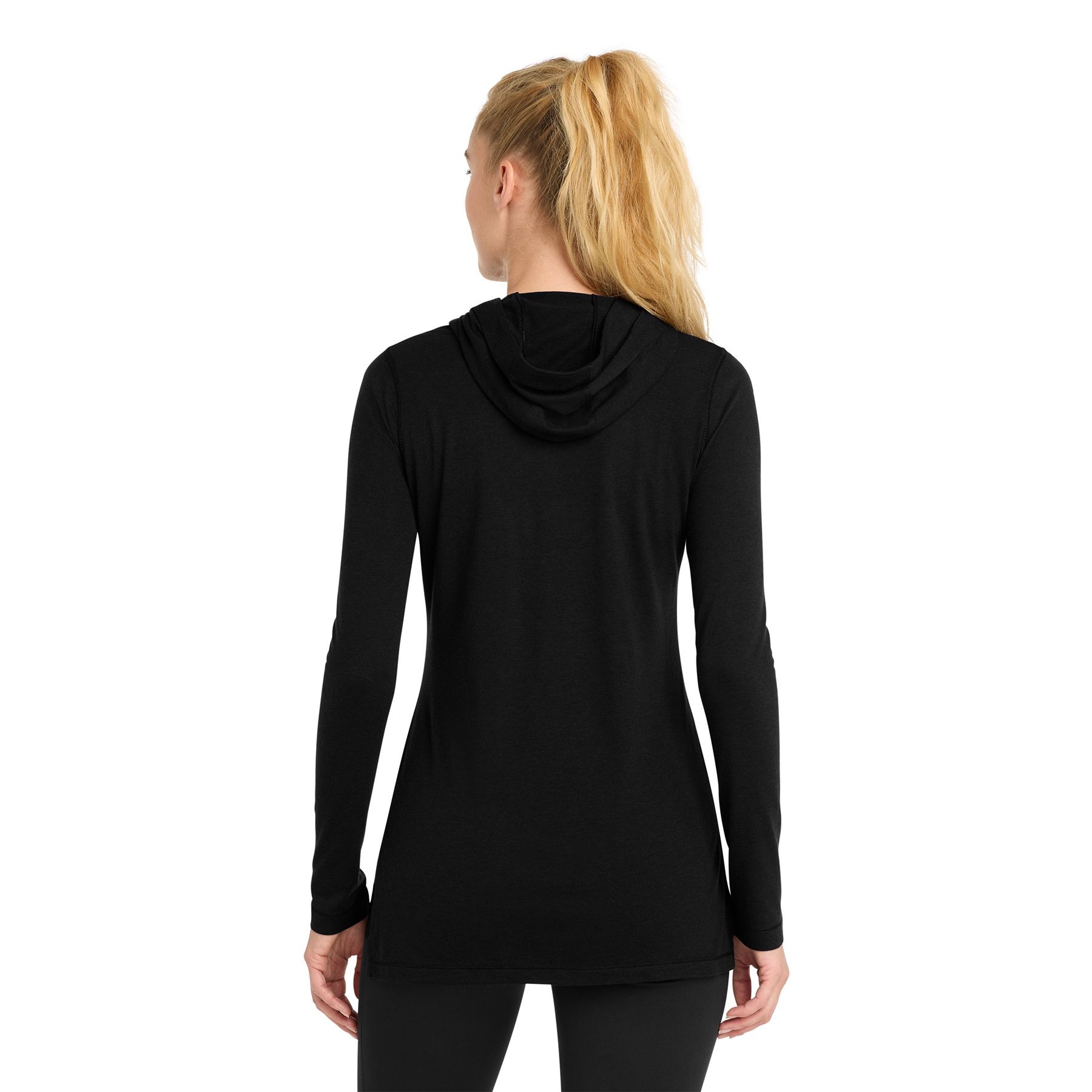 Black Triad Solid Long sleeve hoodie in a soft polyester, cotton, and rayon jersey blend, featuring a three-panel cowl hood, open cuffs, relaxed hem, and side vents for comfort and mobility; available in solid colors with a smooth, vibrant finish.