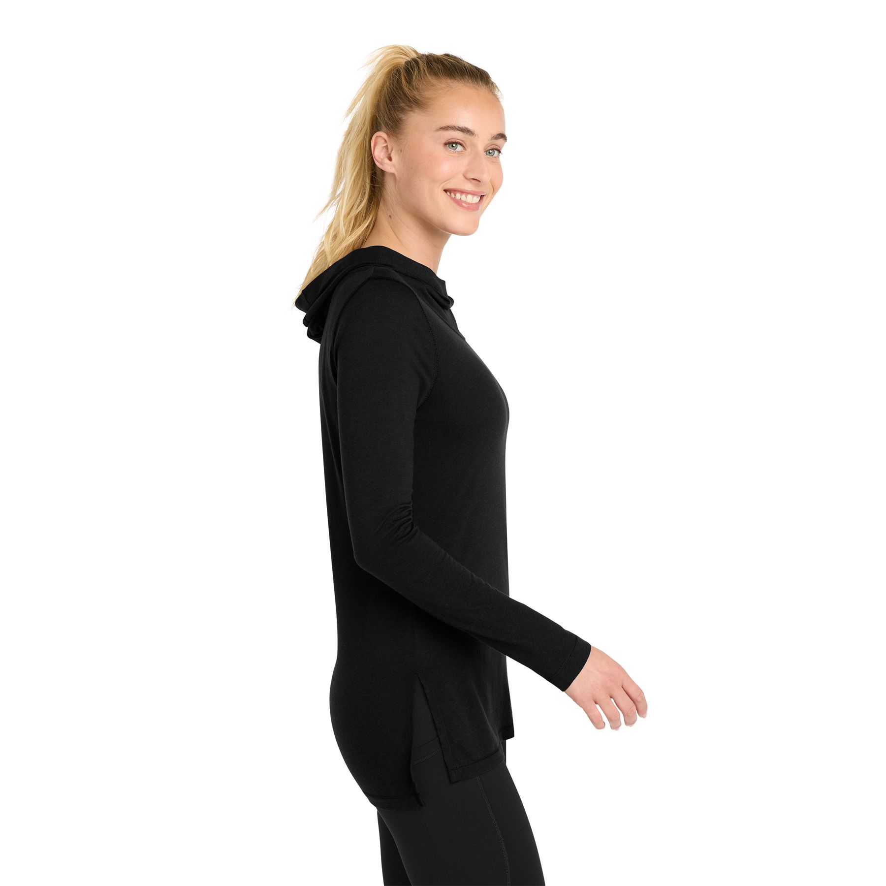 Black Triad Solid Long sleeve hoodie in a soft polyester, cotton, and rayon jersey blend, featuring a three-panel cowl hood, open cuffs, relaxed hem, and side vents for comfort and mobility; available in solid colors with a smooth, vibrant finish.