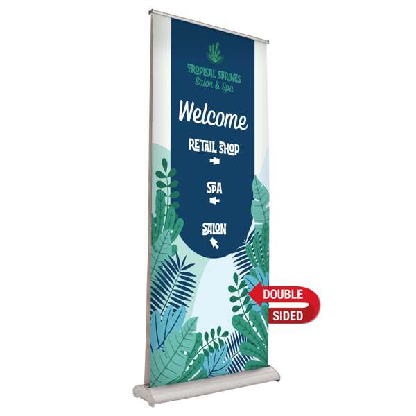 Retractable banner display with a durable aluminum base, adjustable telescoping pole, and easy-to-swap single-sided no-curl opaque fabric banners.