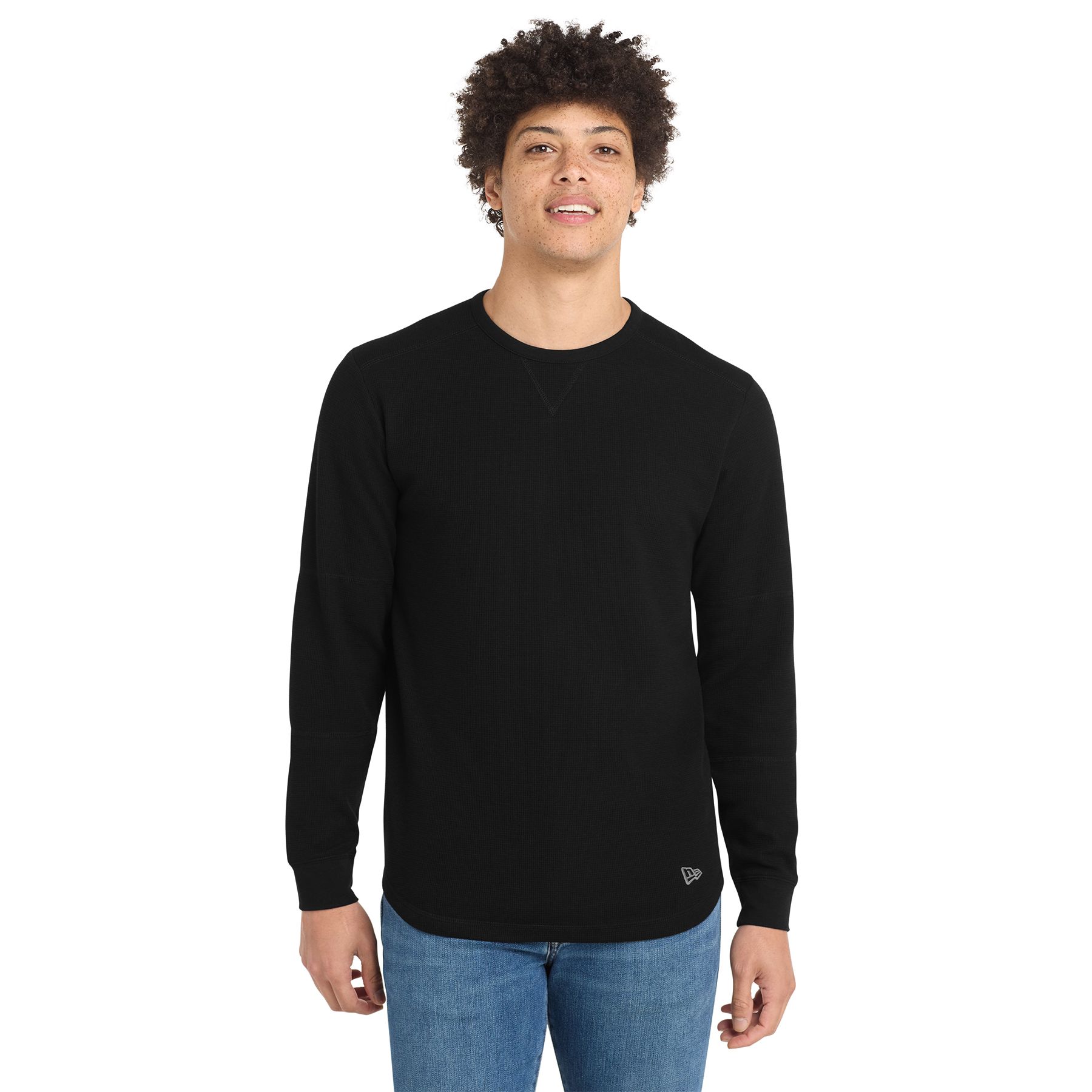 Black New Era thermal shirt in a cotton-polyester blend, featuring a classic solid-color design with rib-knit neck binding and cuffs, an embroidered New Era flag logo at the left hem, and a comfortable fit for layering at work, sporting events, or casual wear.
