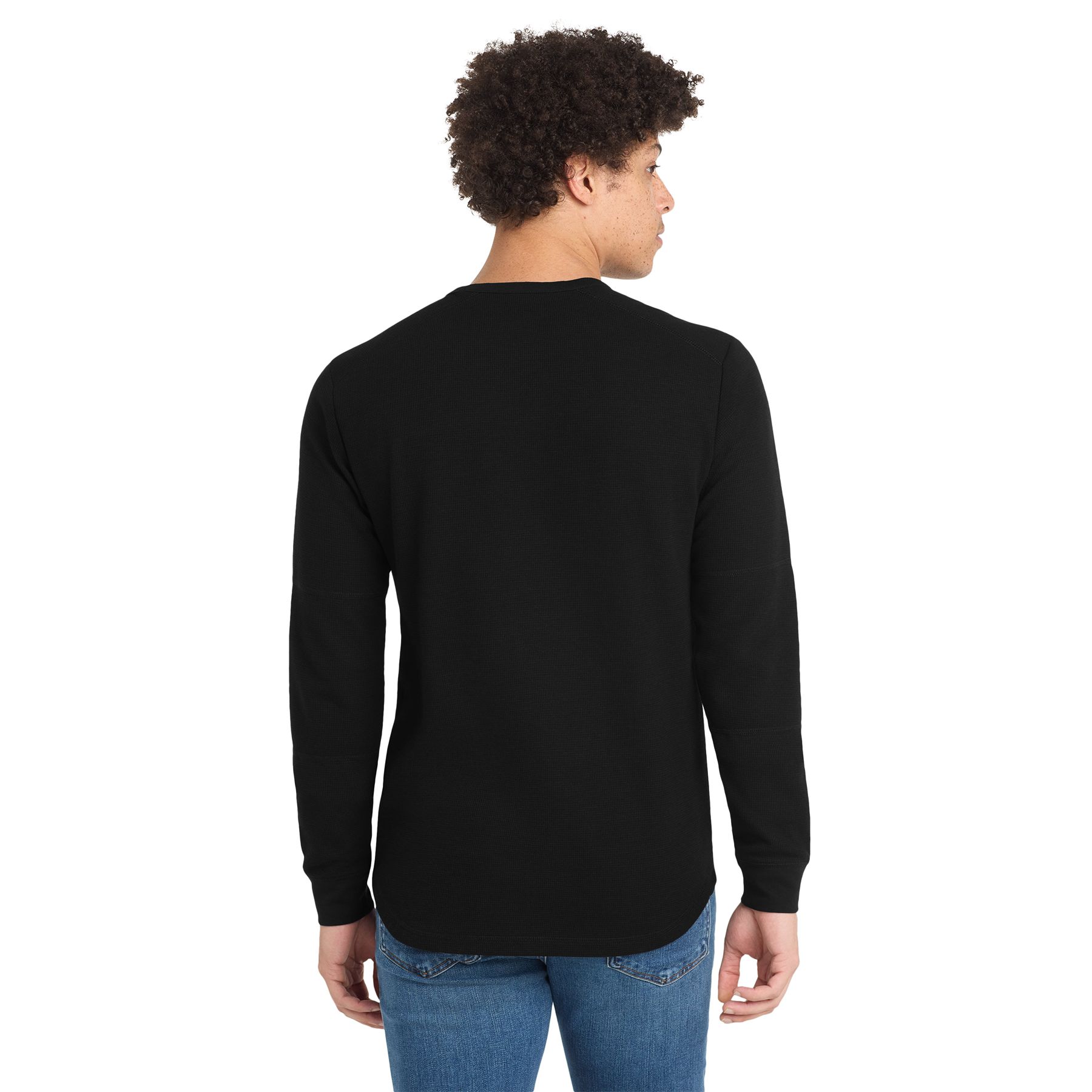 Black New Era thermal shirt in a cotton-polyester blend, featuring a classic solid-color design with rib-knit neck binding and cuffs, an embroidered New Era flag logo at the left hem, and a comfortable fit for layering at work, sporting events, or casual wear.