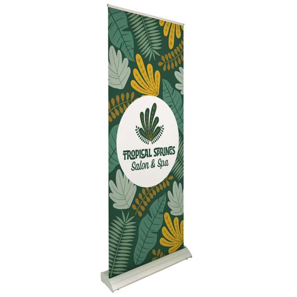 Retractable banner display with a durable aluminum base, adjustable telescoping pole, and easy-to-swap single-sided no-curl opaque fabric banner.