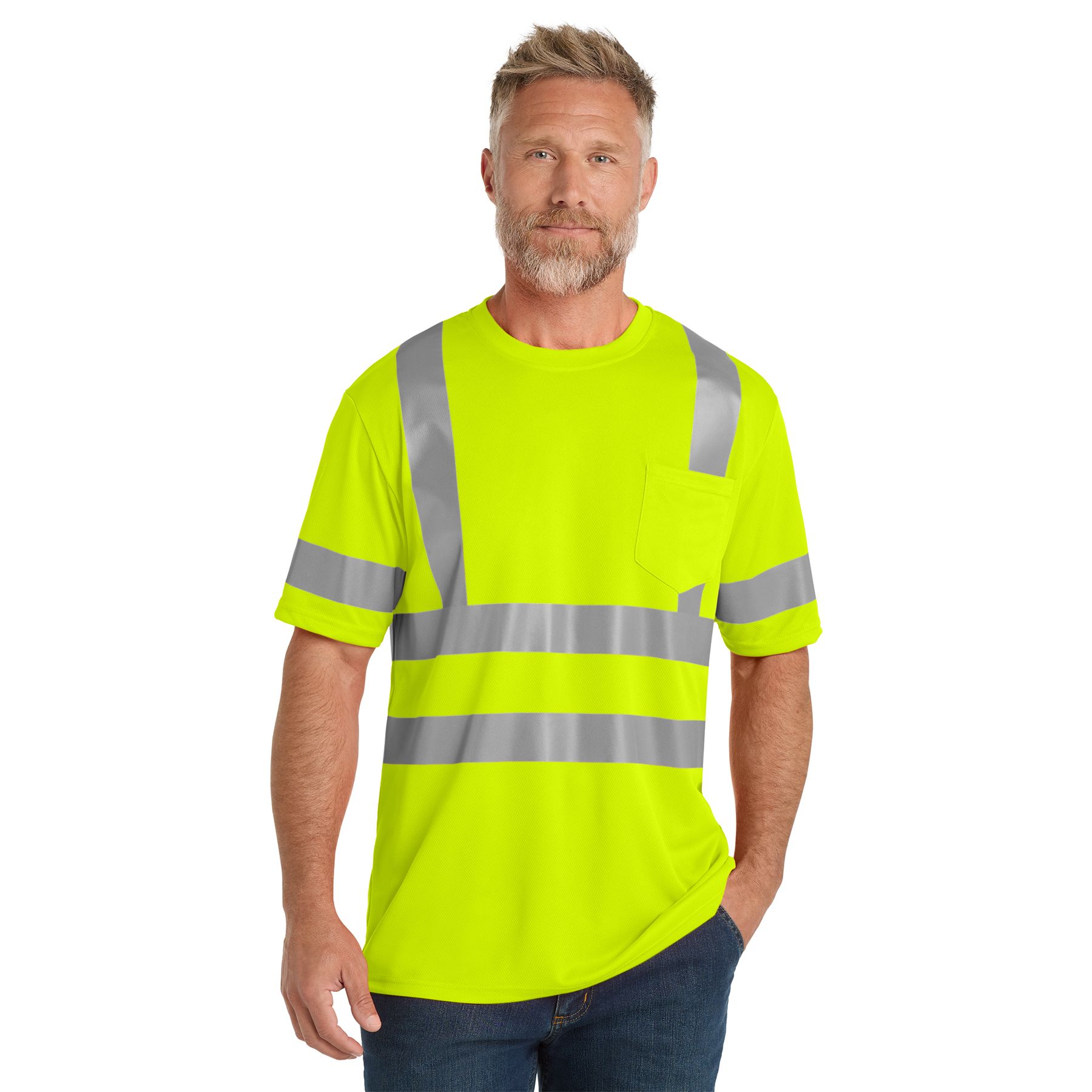 Safety Yellow ANSI 107 Class 3 High-Visibility Mesh Tee in bright with 2-inch reflective tape, polyester birdseye mesh, rib-knit neck, and left chest pocket for workwear and safety applications.