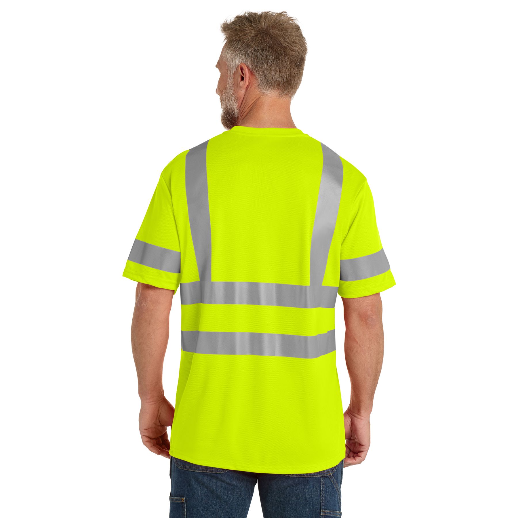 Safety Yellow ANSI 107 Class 3 High-Visibility Mesh Tee in bright with 2-inch reflective tape, polyester birdseye mesh, rib-knit neck, and left chest pocket for workwear and safety applications.