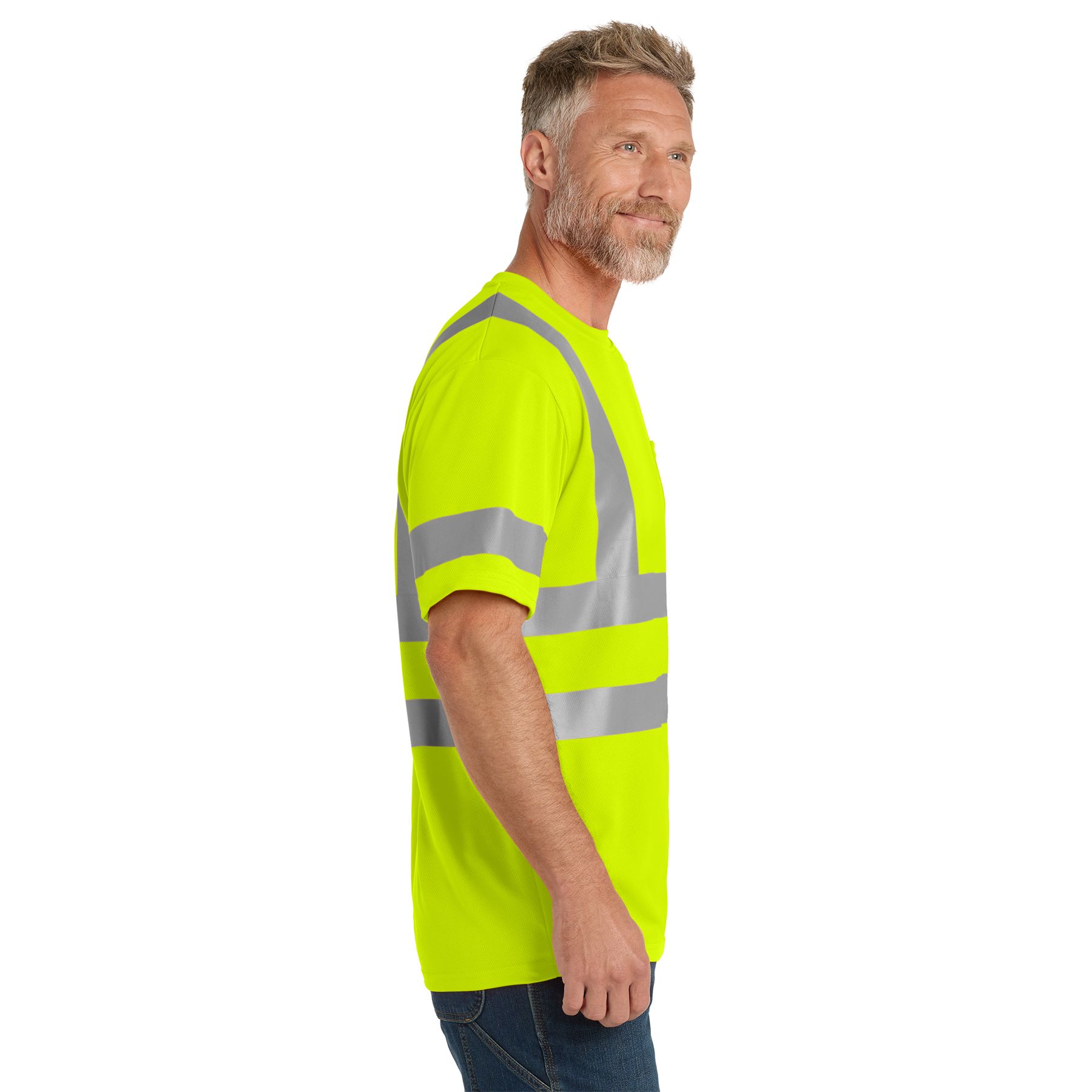 Safety Yellow ANSI 107 Class 3 High-Visibility Mesh Tee in bright with 2-inch reflective tape, polyester birdseye mesh, rib-knit neck, and left chest pocket for workwear and safety applications.