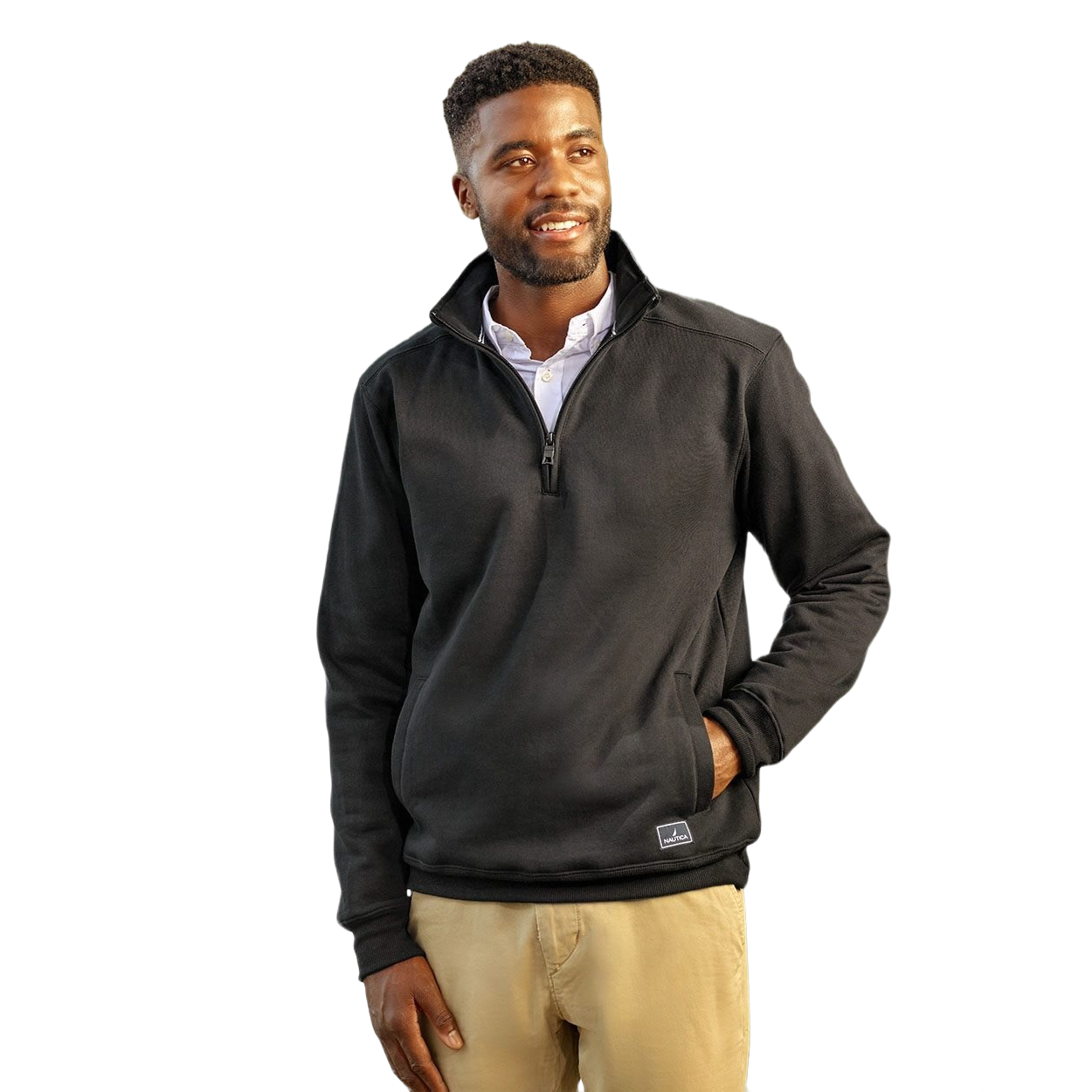 Black men's quarter-zip pullover made from 60/40 cotton-polyester mercerized fleece with a stand collar, welt pockets, ribbed cuffs and bottom hem, and a quarter-zip closure.