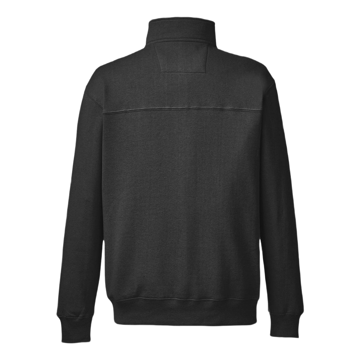 Black men's quarter-zip pullover made from 60/40 cotton-polyester mercerized fleece with a stand collar, welt pockets, ribbed cuffs and bottom hem, and a quarter-zip closure.