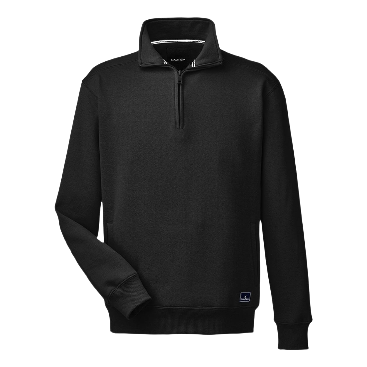 Black men's quarter-zip pullover made from 60/40 cotton-polyester mercerized fleece with a stand collar, welt pockets, ribbed cuffs and bottom hem, and a quarter-zip closure.