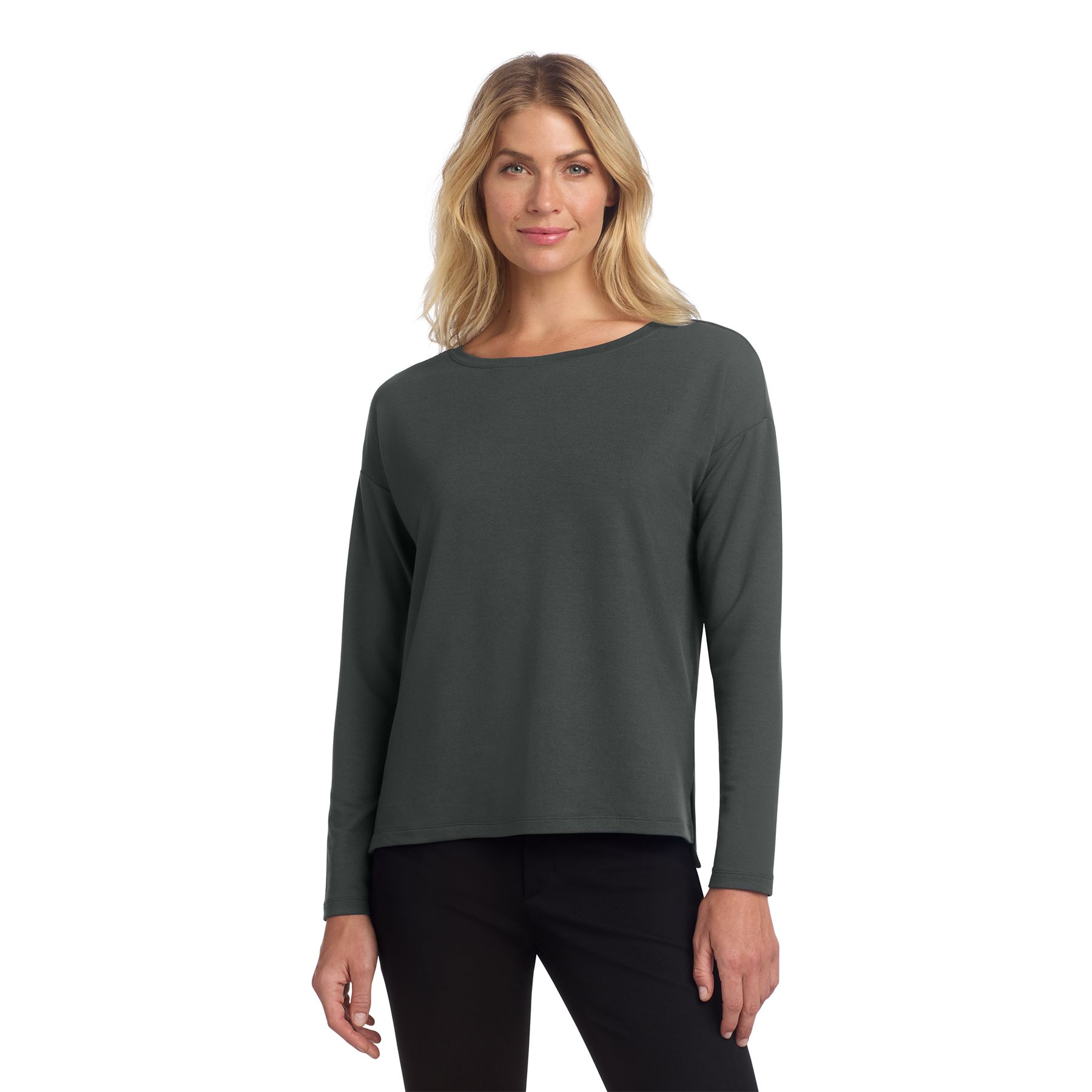 Anchor Gray Mercer+Mettle® Women’s Stretch Drop Shoulder Pullover in a relaxed fit with a wide crew neck, drop shoulders, turned cuffs, straight hem, and side vents, made from soft stretch French terry for comfortable everyday wear and layering.
