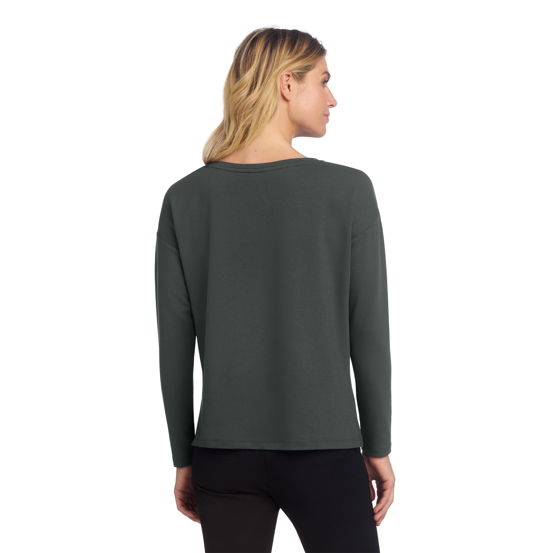 Anchor Gray Mercer+Mettle® Women’s Stretch Drop Shoulder Pullover in a relaxed fit with a wide crew neck, drop shoulders, turned cuffs, straight hem, and side vents, made from soft stretch French terry for comfortable everyday wear and layering.