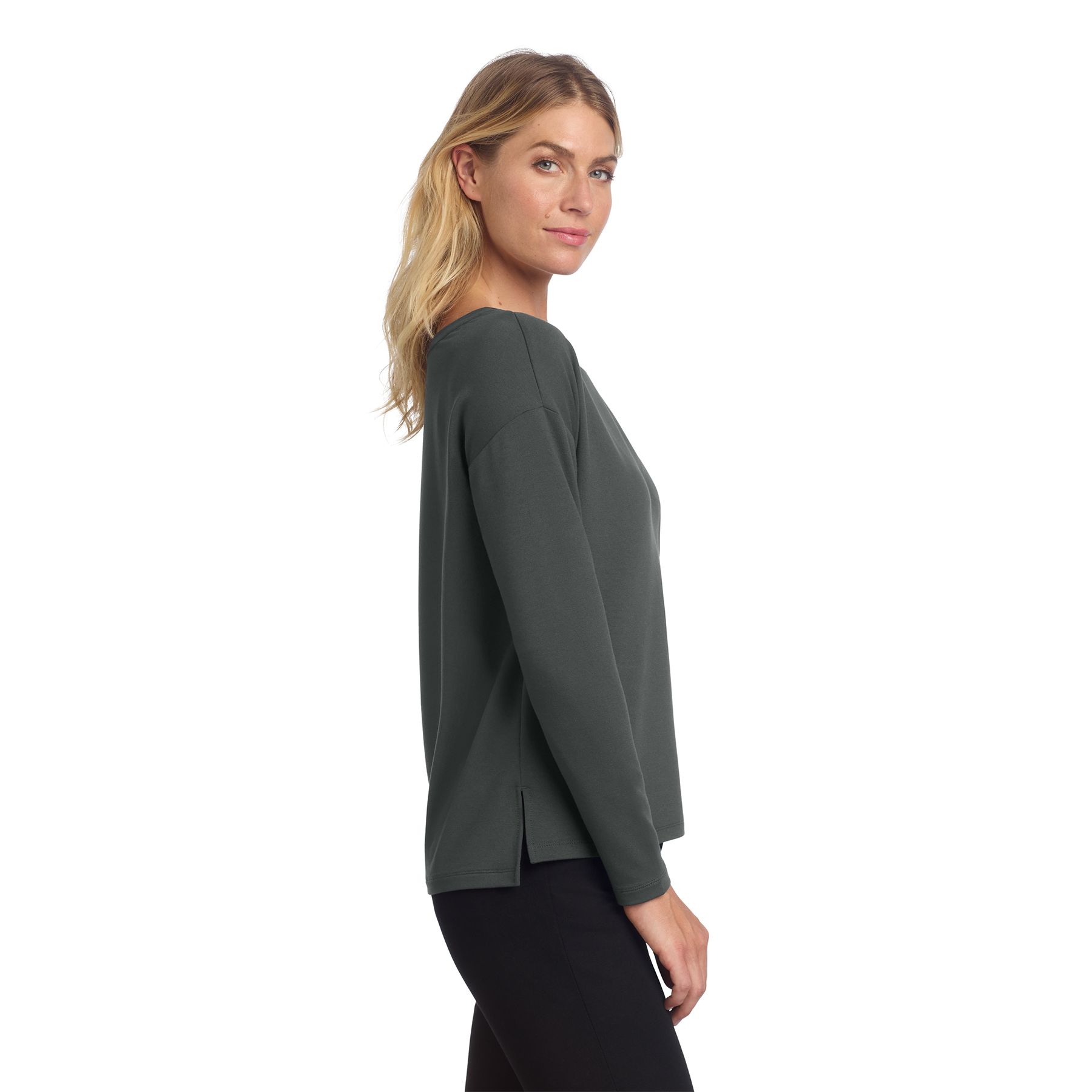 Anchor Gray Mercer+Mettle® Women’s Stretch Drop Shoulder Pullover in a relaxed fit with a wide crew neck, drop shoulders, turned cuffs, straight hem, and side vents, made from soft stretch French terry for comfortable everyday wear and layering.