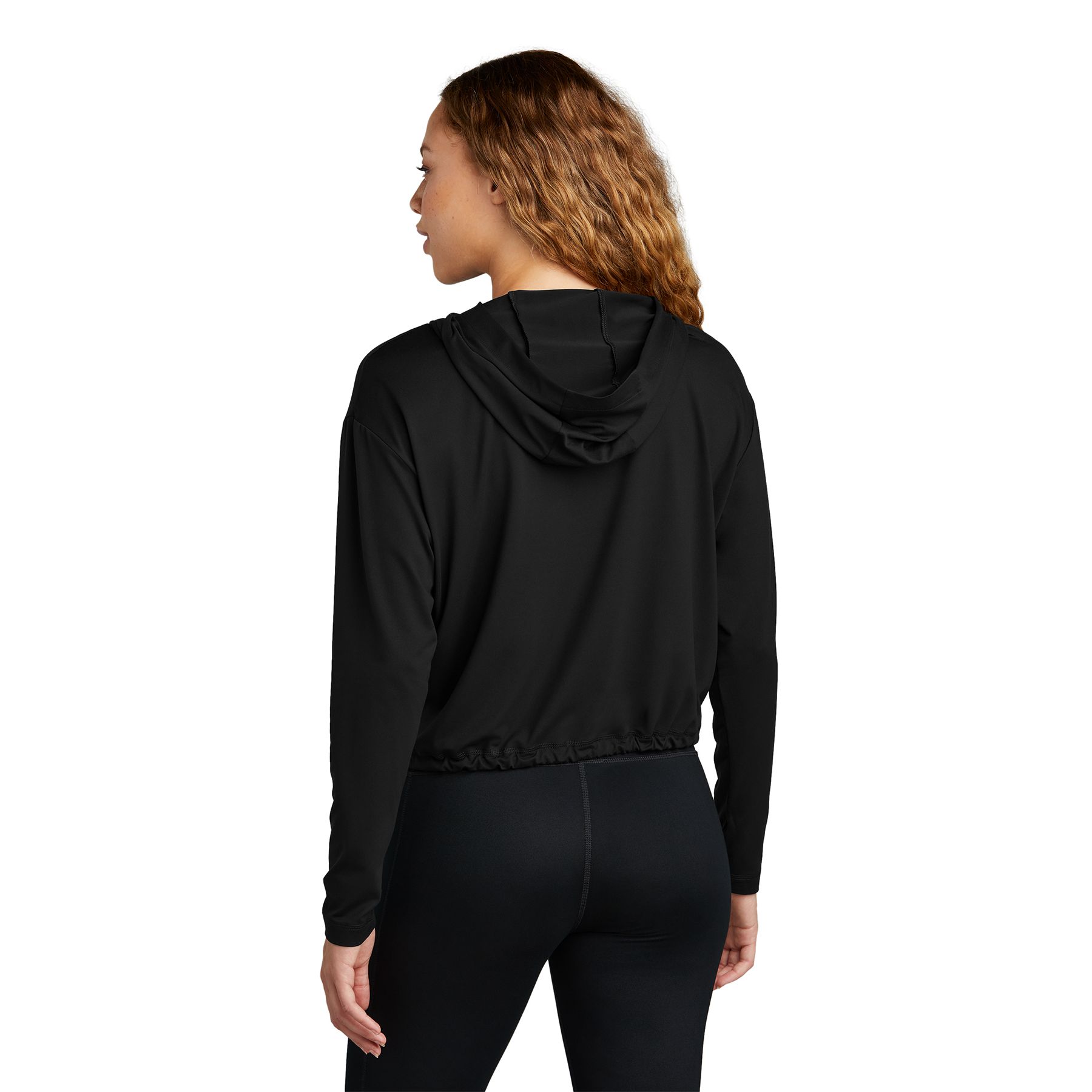 Back New Era Women's Power Long Sleeve Hoodie, featuring a lightweight polyester-spandex stretch fabric, 3-panel hood, long sleeves with thumbholes, high-hip hem with adjustable cinch drawcords, and a subtle reflective silver logo at the left hem, designed for activewear and everyday comfort.