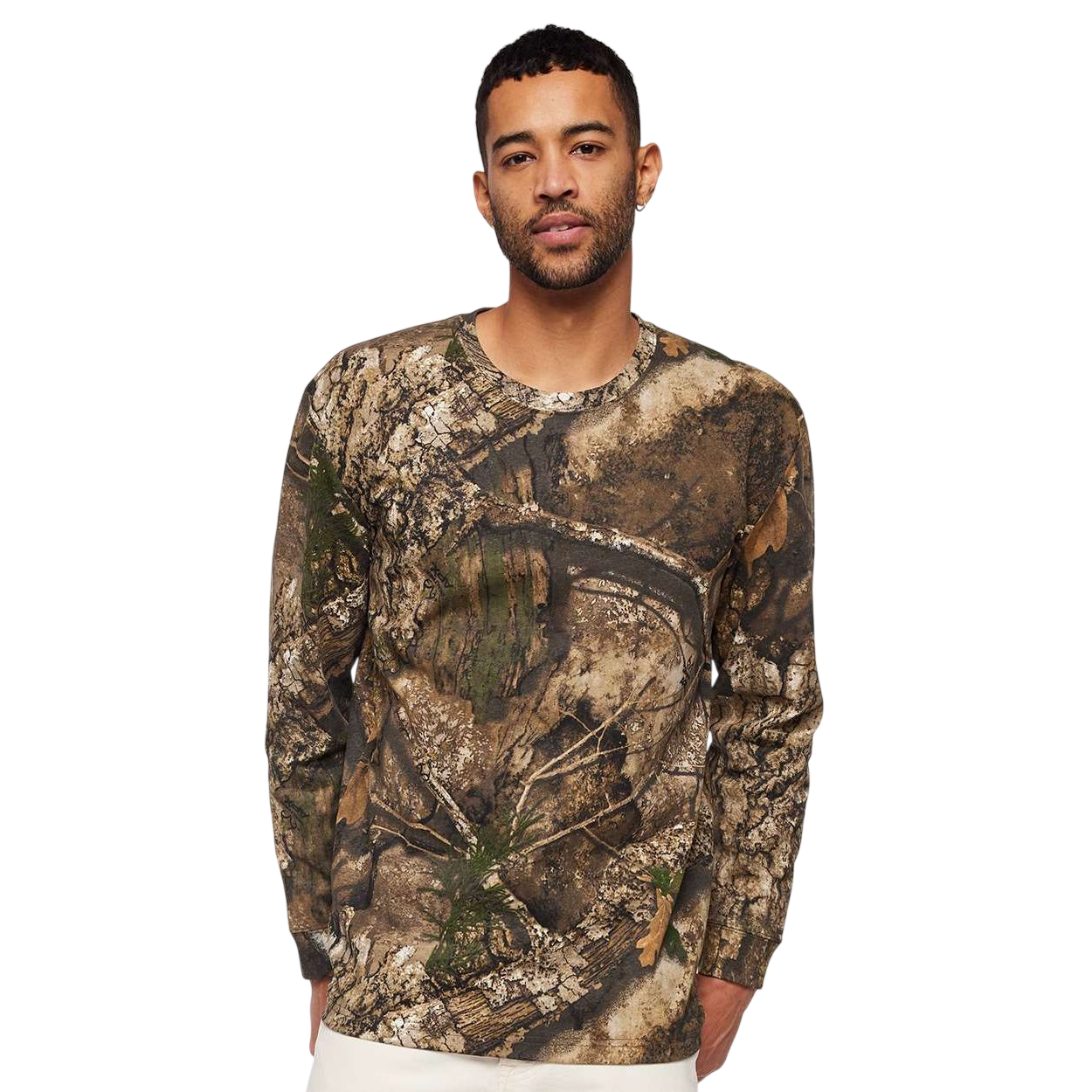 Realtree® 5.5 oz. Ring-Spun Cotton Jersey with printed Realtree® design, ribbed collar, and black locker patch, designed for comfortable everyday outdoor wear.