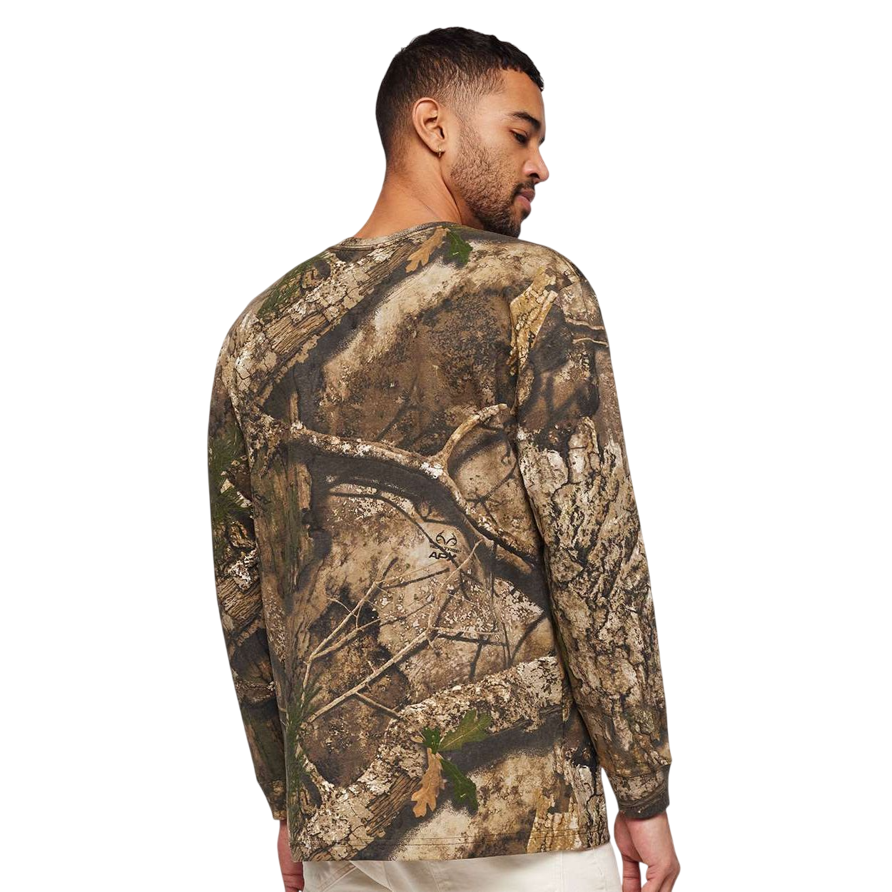 Realtree® 5.5 oz. Ring-Spun Cotton Jersey with printed Realtree® design, ribbed collar, and black locker patch, designed for comfortable everyday outdoor wear.