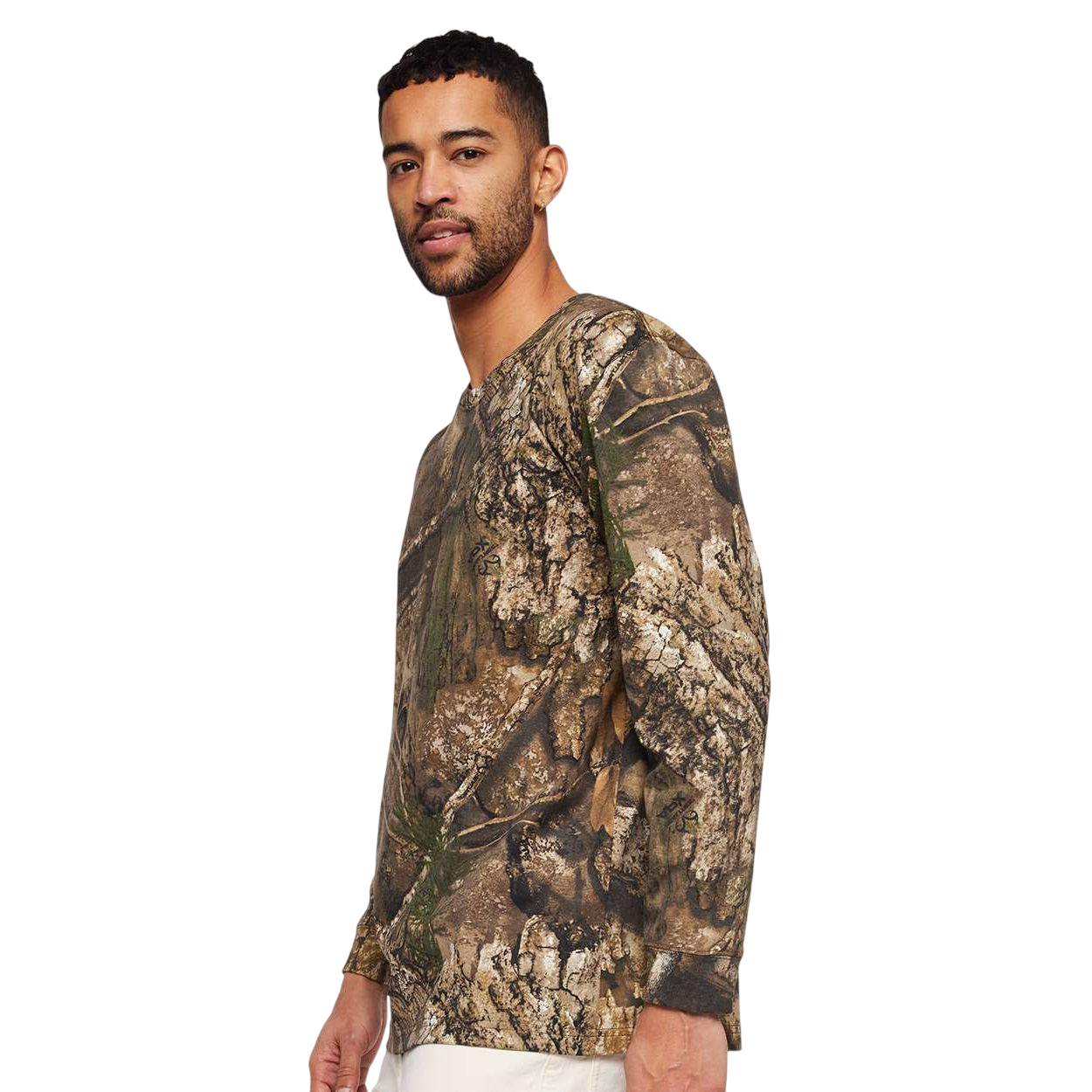 Realtree® 5.5 oz. Ring-Spun Cotton Jersey with printed Realtree® design, ribbed collar, and black locker patch, designed for comfortable everyday outdoor wear.