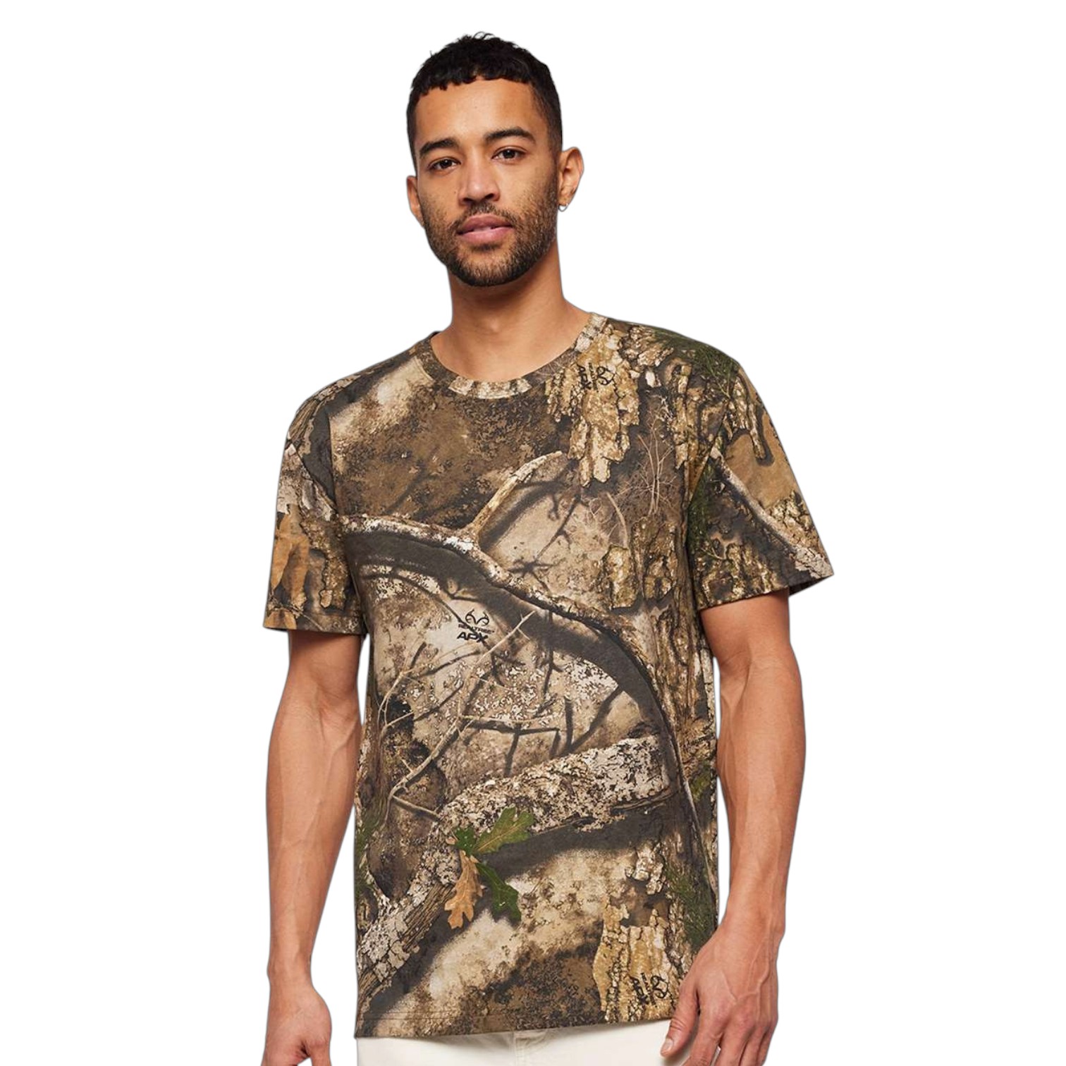 Realtree® printed 5.5 oz. ring-spun cotton jersey shirt featuring a camouflage pattern, ribbed collar, reinforced seams, and a classic structured fit for outdoor wear and custom promotional branding.