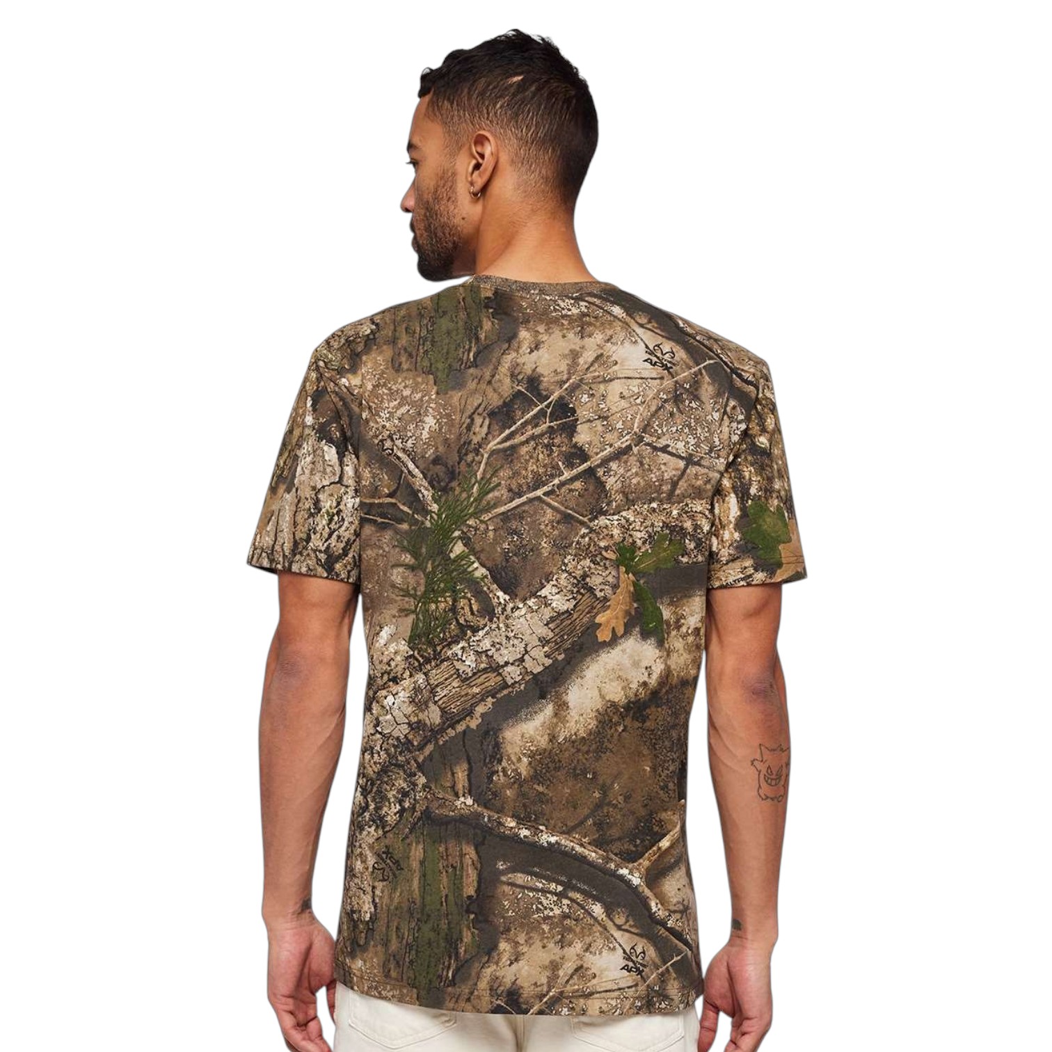 Realtree® printed 5.5 oz. ring-spun cotton jersey shirt featuring a camouflage pattern, ribbed collar, reinforced seams, and a classic structured fit for outdoor wear and custom promotional branding.
