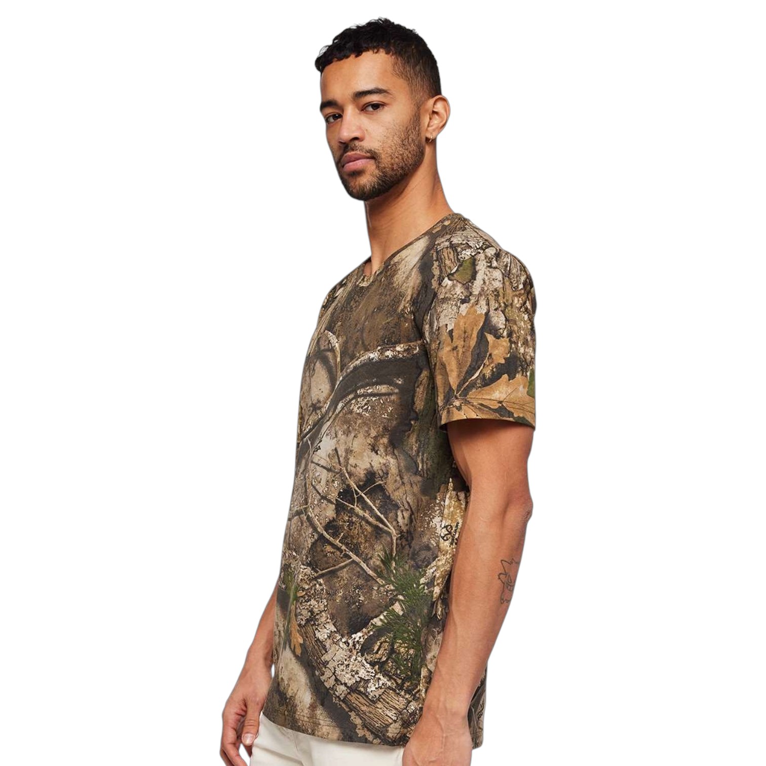 Realtree® printed 5.5 oz. ring-spun cotton jersey shirt featuring a camouflage pattern, ribbed collar, reinforced seams, and a classic structured fit for outdoor wear and custom promotional branding.
