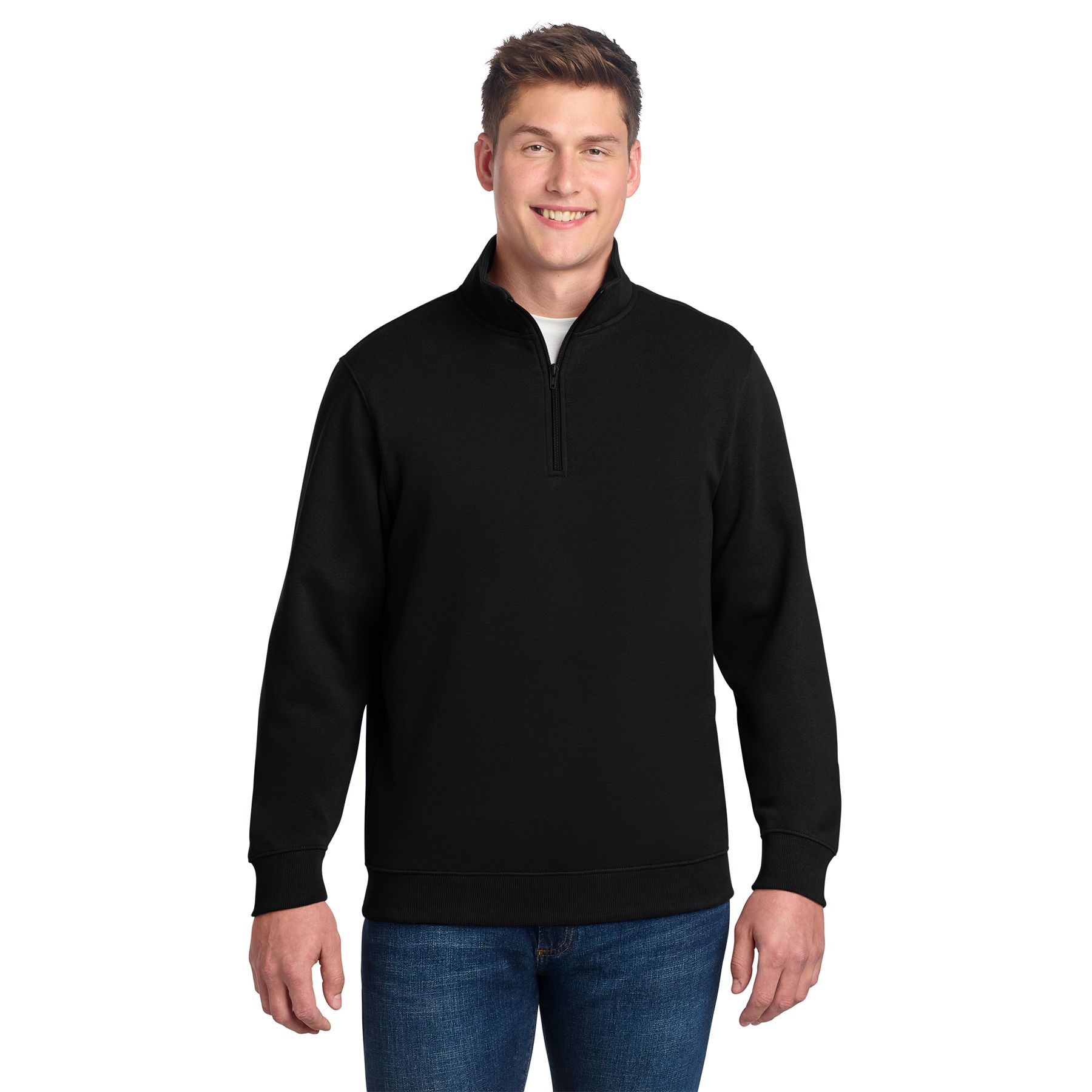Black men's tall quarter-zip sweatshirt made from 9-ounce ring spun combed cotton/poly fleece with a twill-taped neck and 2x2 rib knit cuffs and waistband.