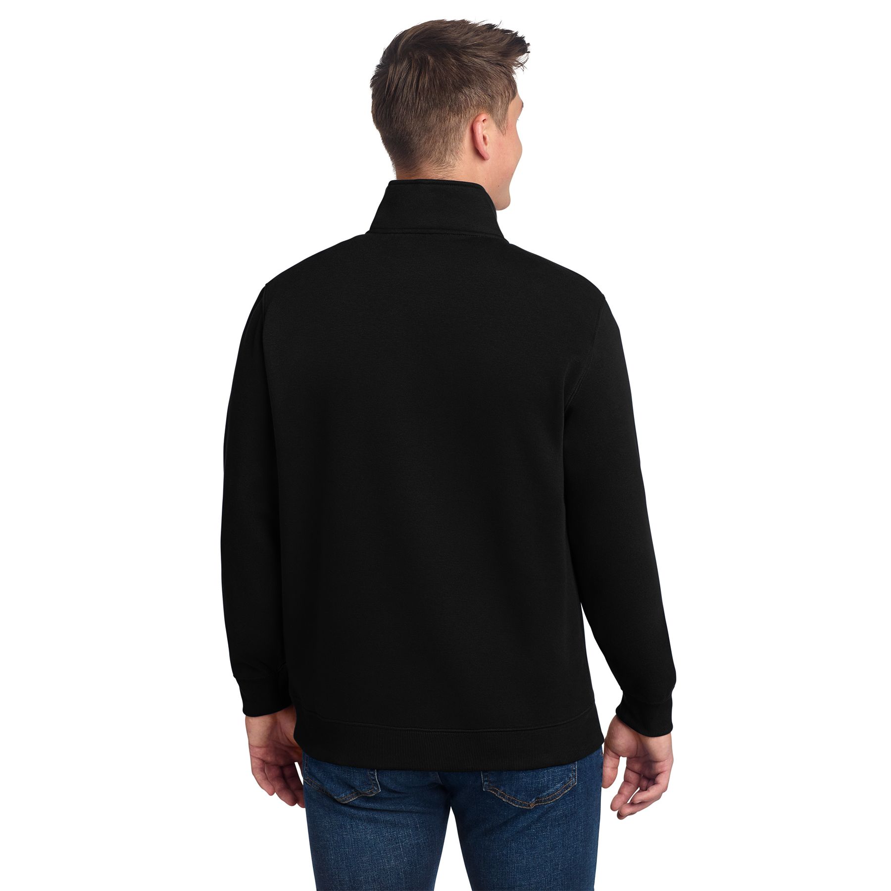 Black men's tall quarter-zip sweatshirt made from 9-ounce ring spun combed cotton/poly fleece with a twill-taped neck and 2x2 rib knit cuffs and waistband.
